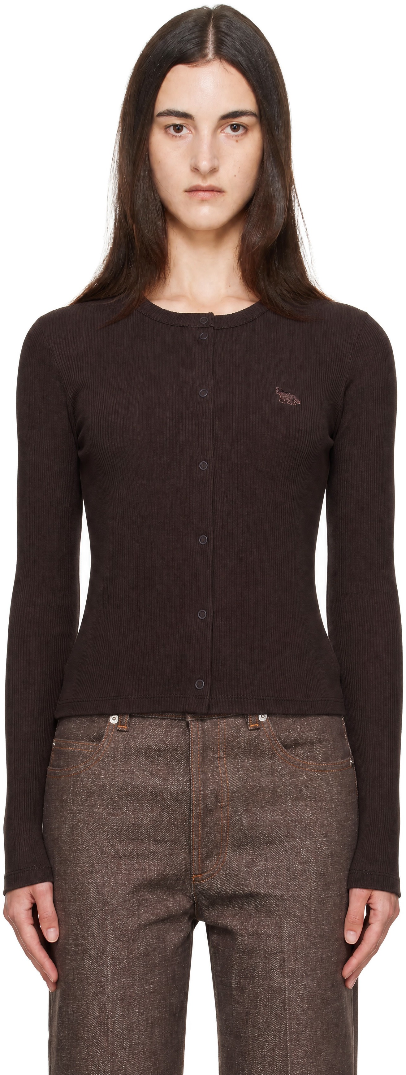 MAISON KITSUNÉ ダークブラウン カーディガン S Maison Kitsuné: Brown Baby Fox Ribbed Cardigan | SSENSE