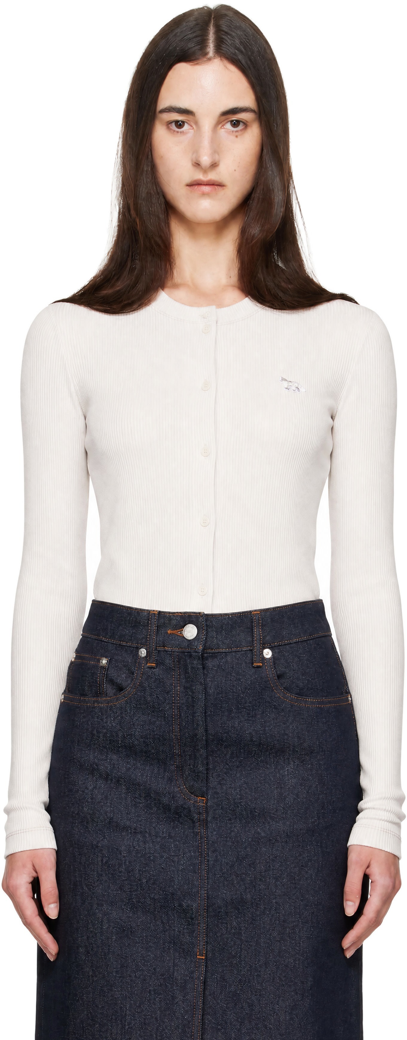 Maison Kitsuné Baby Fox ショートスリーブ カーディガン Maison Kitsuné: Off-White Baby Fox Ribbed Cardigan | SSENSE