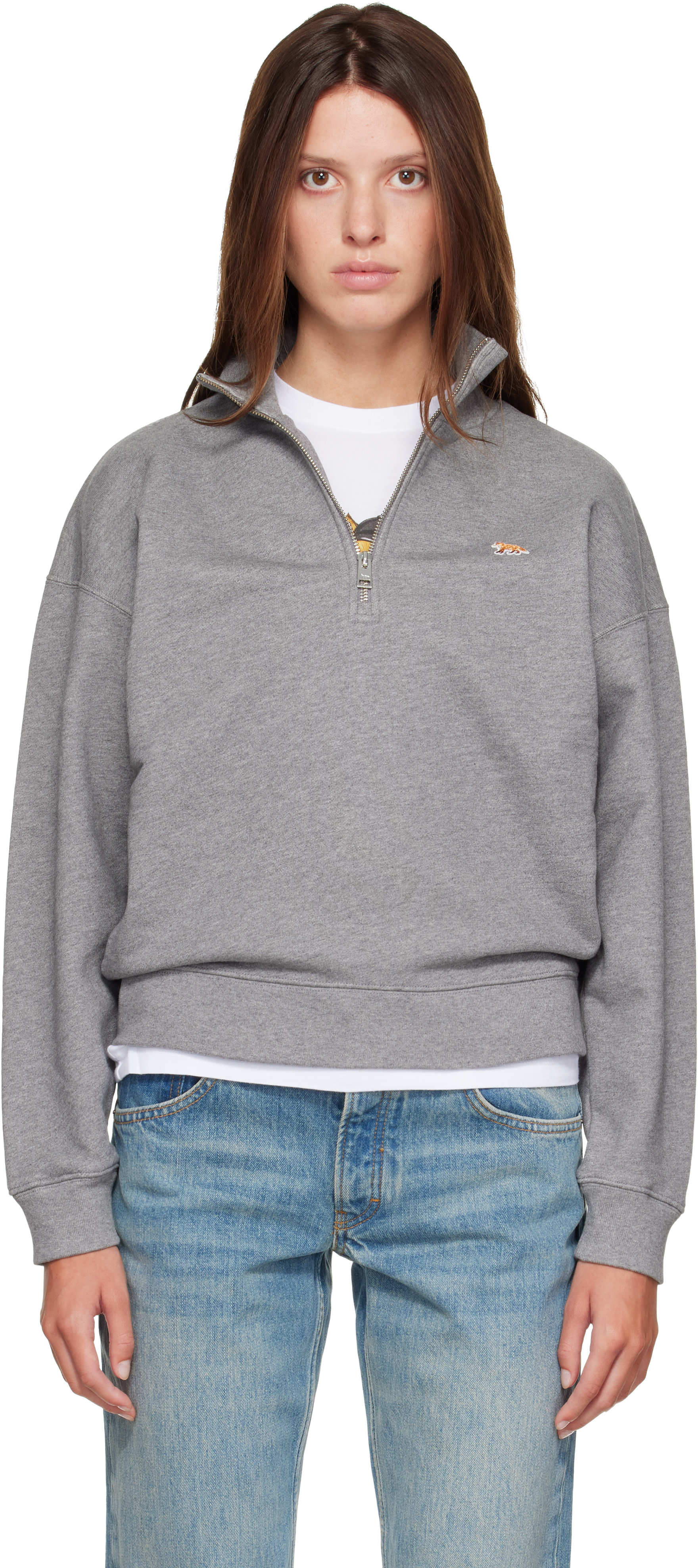 Maison Kitsuné: Gray Baby Fox Half Zipped Sweatshirt | SSENSE Canada