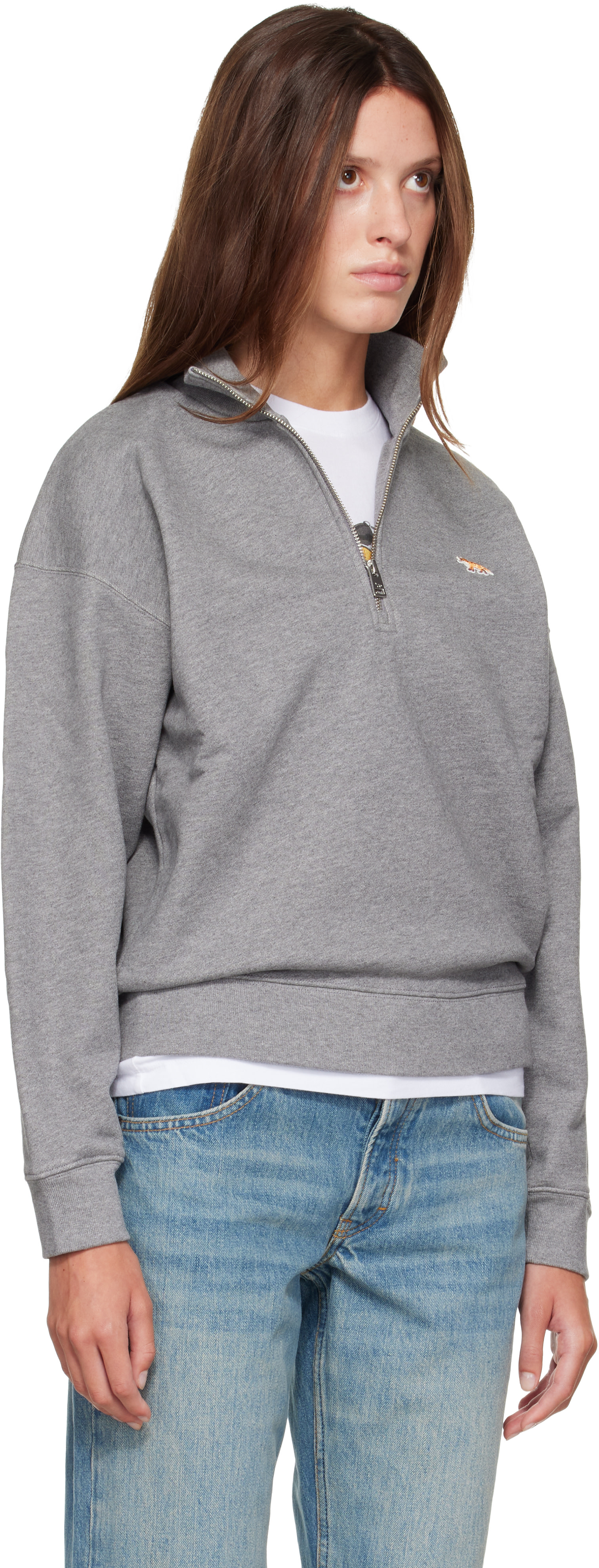 Maison Kitsuné: Gray Baby Fox Half Zipped Sweatshirt | SSENSE