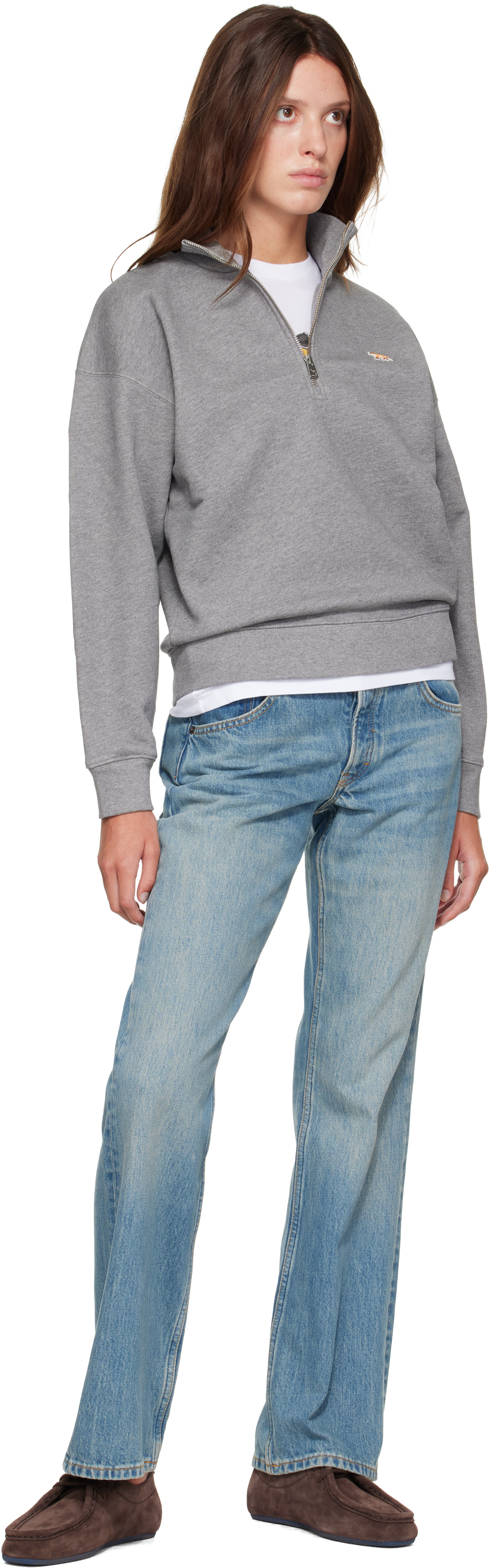 Maison Kitsuné: Gray Baby Fox Half Zipped Sweatshirt | SSENSE Denmark