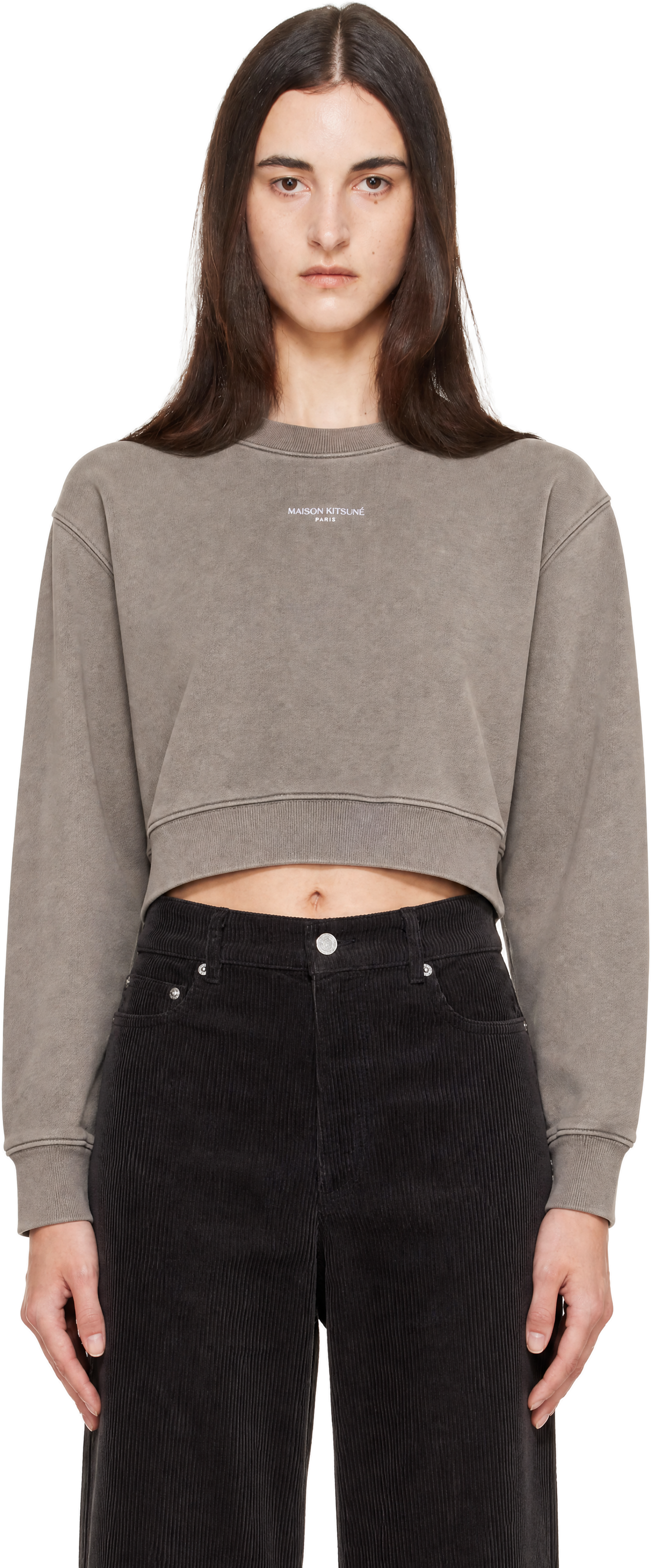 Maison Kitsuné - Pull molletonné écourté gris à logo