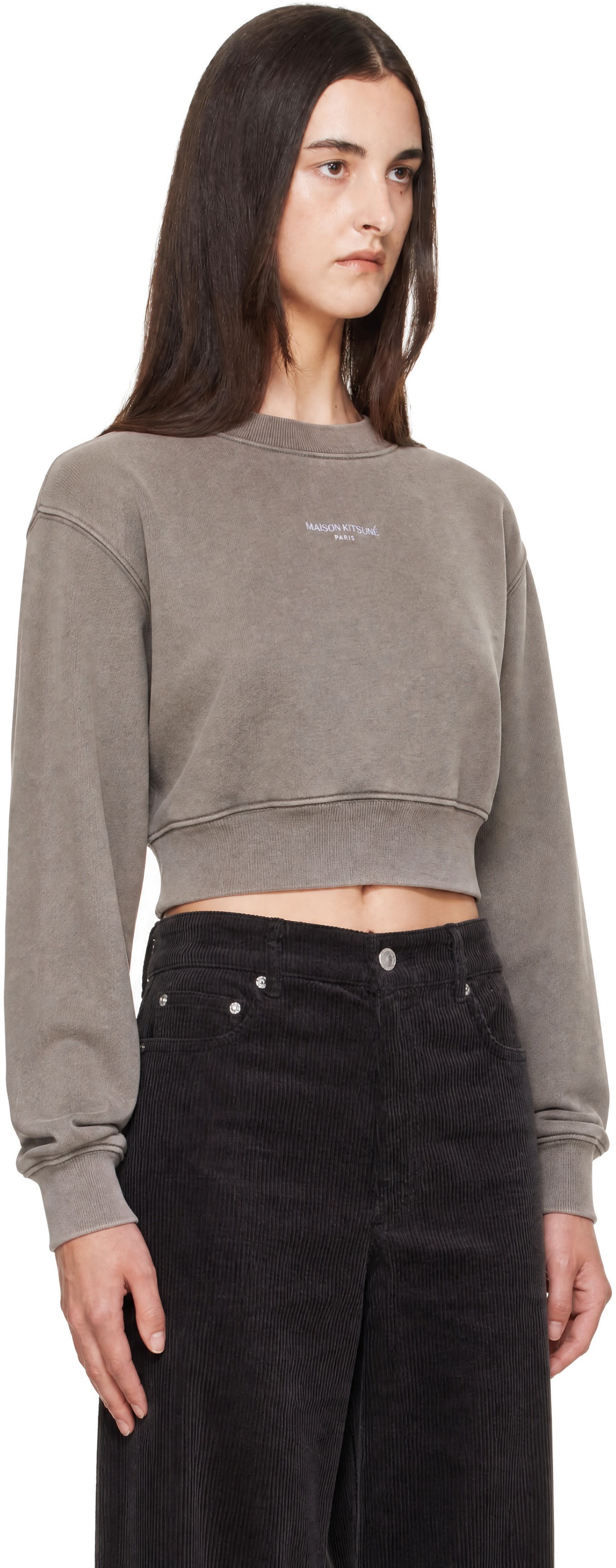 Maison Kitsuné - Pull molletonné écourté gris à logo