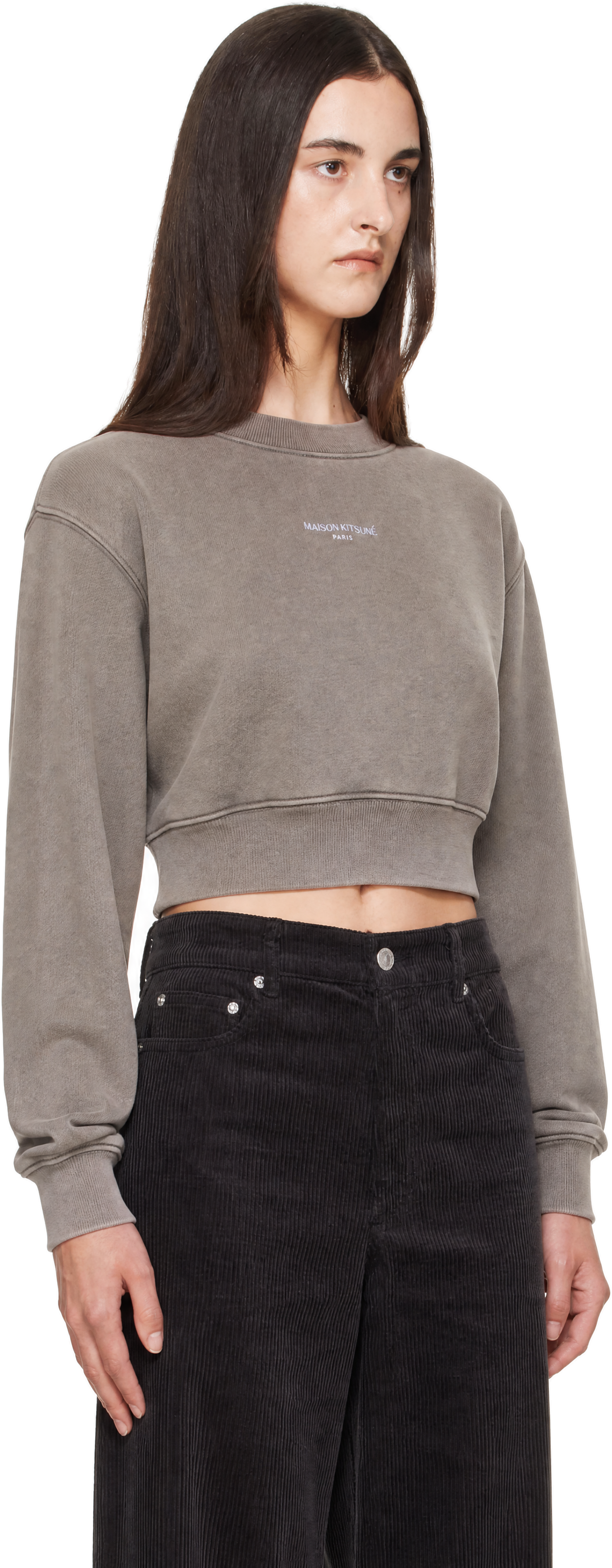 Maison Kitsuné - Pull molletonné écourté gris à logo