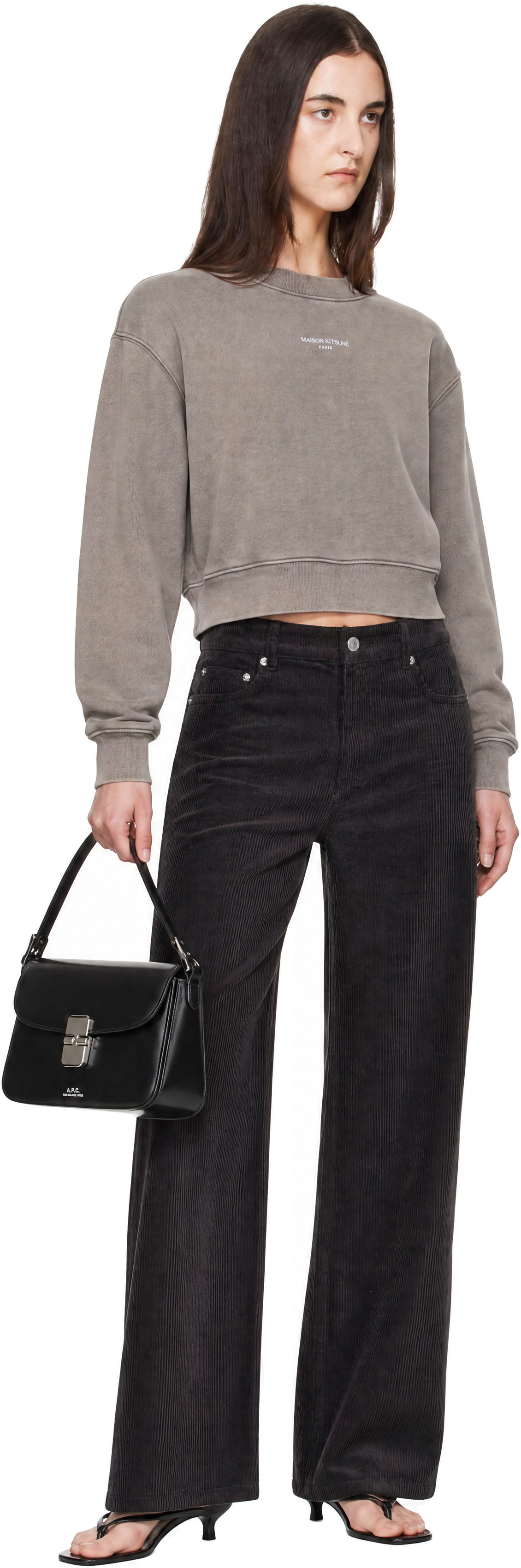 Maison Kitsuné - Pull molletonné écourté gris à logo