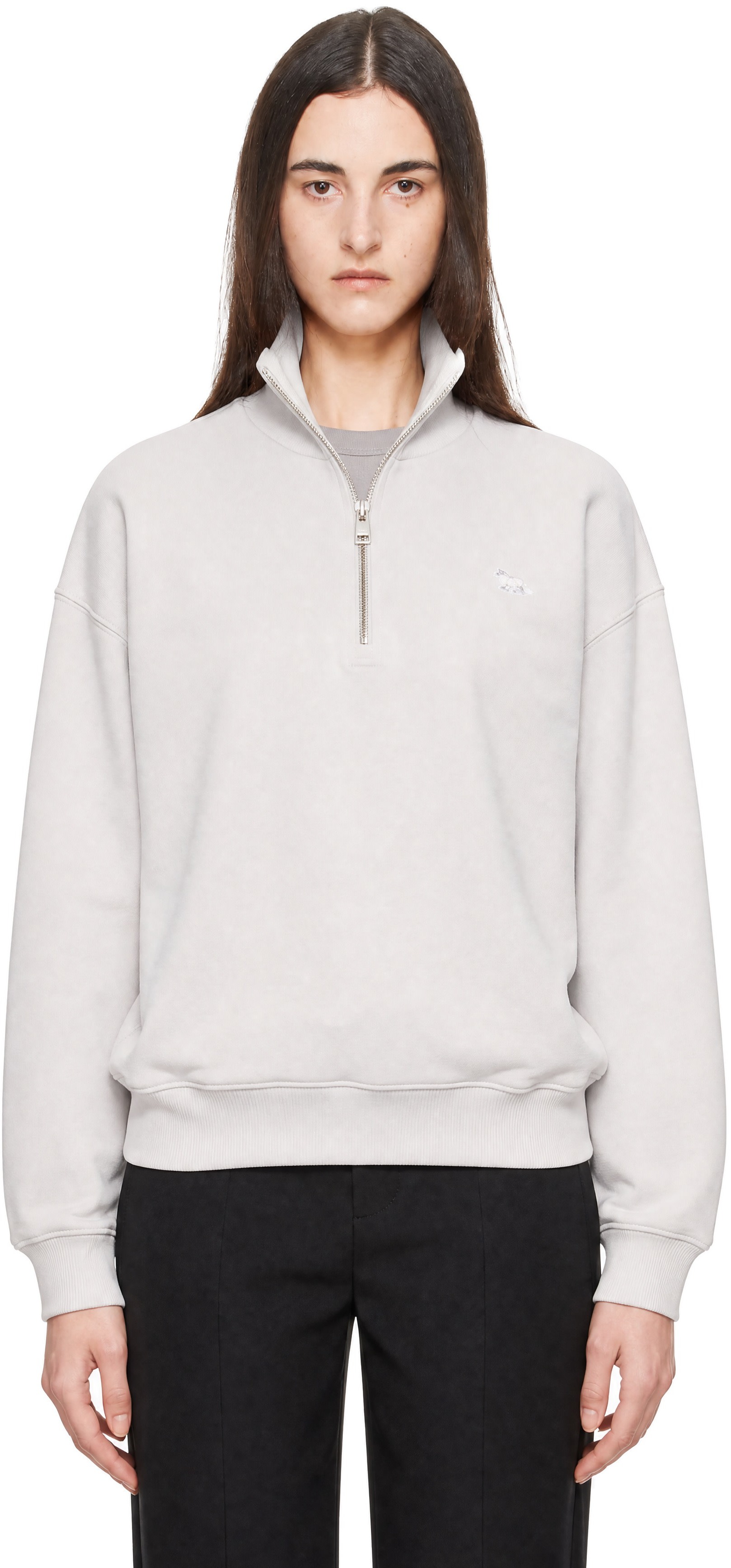 Maison Kitsuné: Gray Baby Fox Half Zip Sweatshirt | SSENSE United