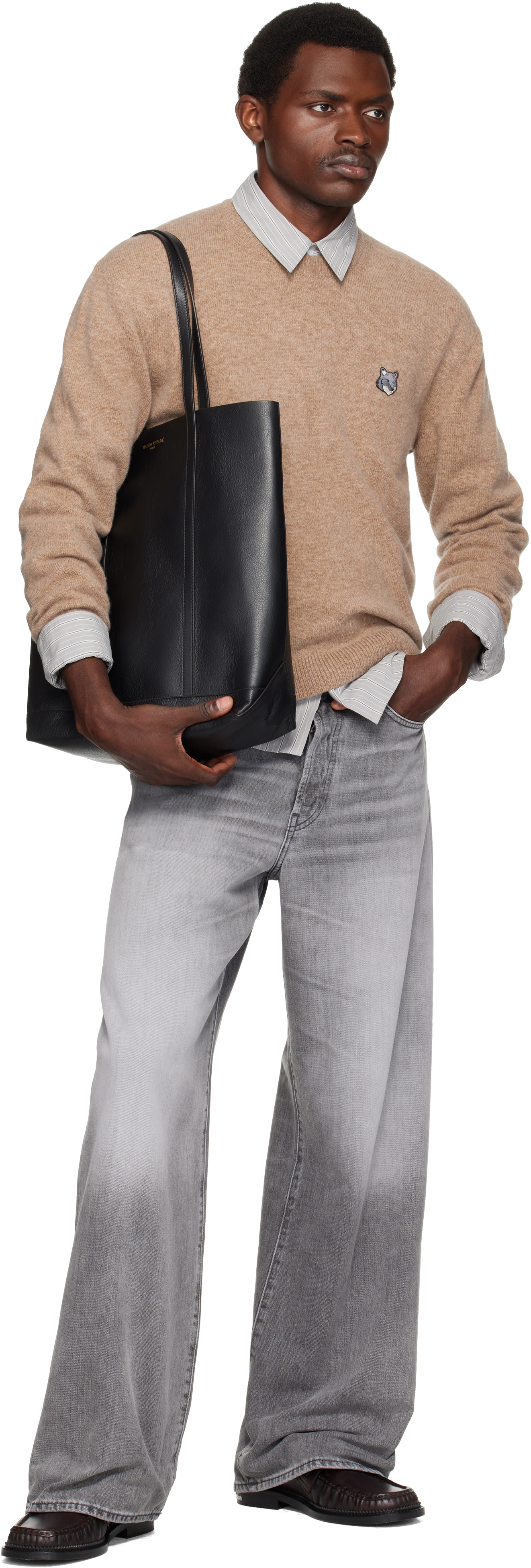 Maison Kitsuné: Black 'Maison Kitsuné Paris' Leather Tote | SSENSE