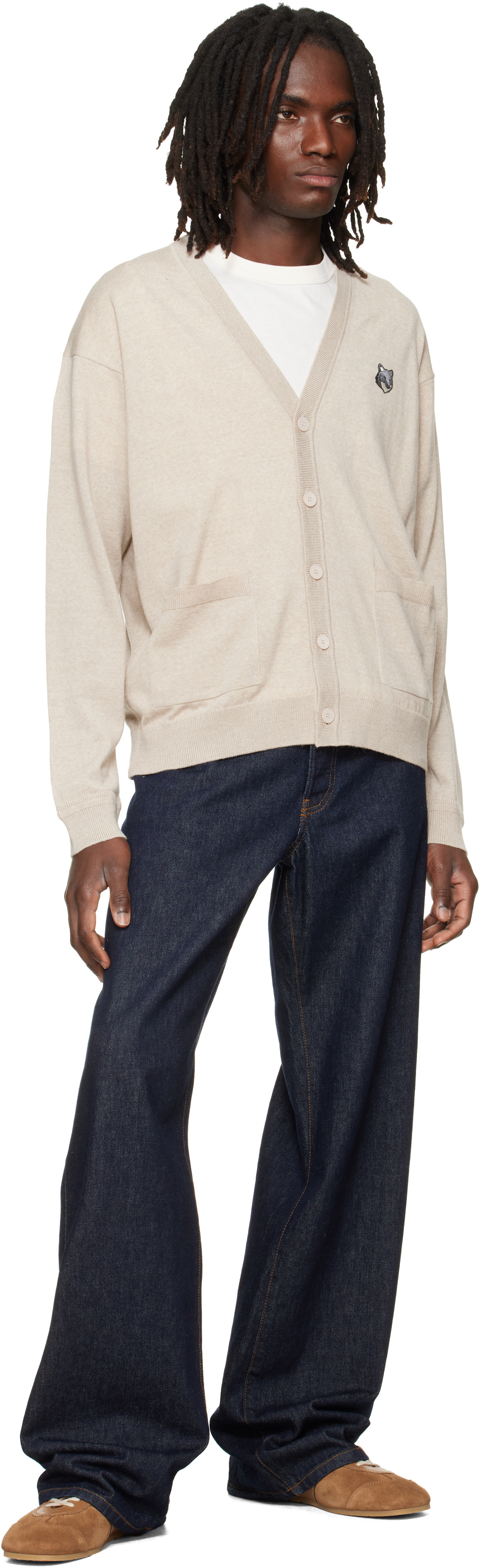 Maison Kitsuné: Beige Fox Head Merino Comfort Cardigan | SSENSE