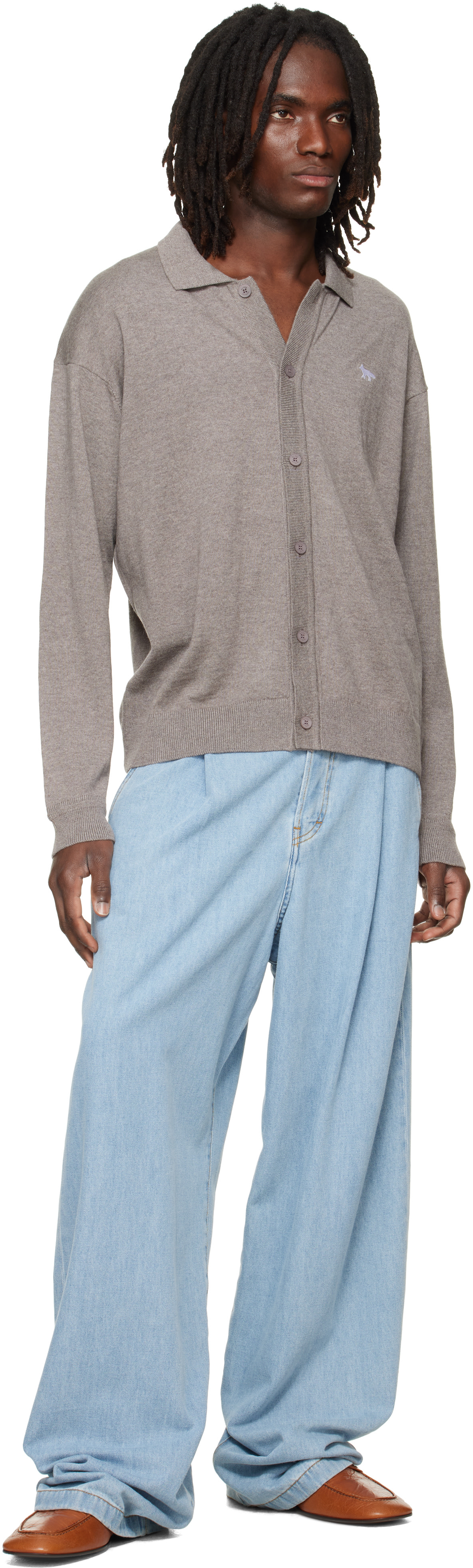 Maison Kitsuné: Taupe Profile Fox Comfort Polo Cardigan | SSENSE