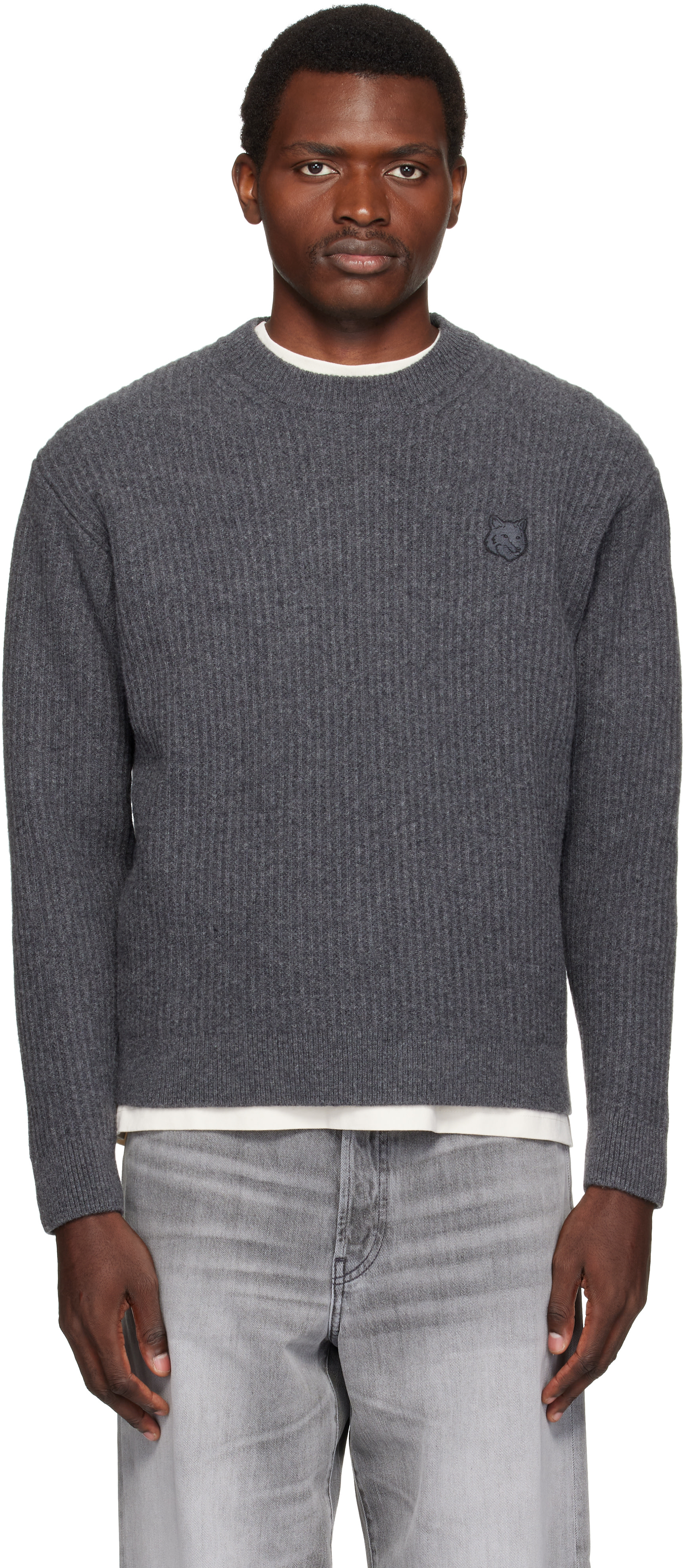 Maison Kitsuné - Gray Fox Head Wool Ribbed Sweater