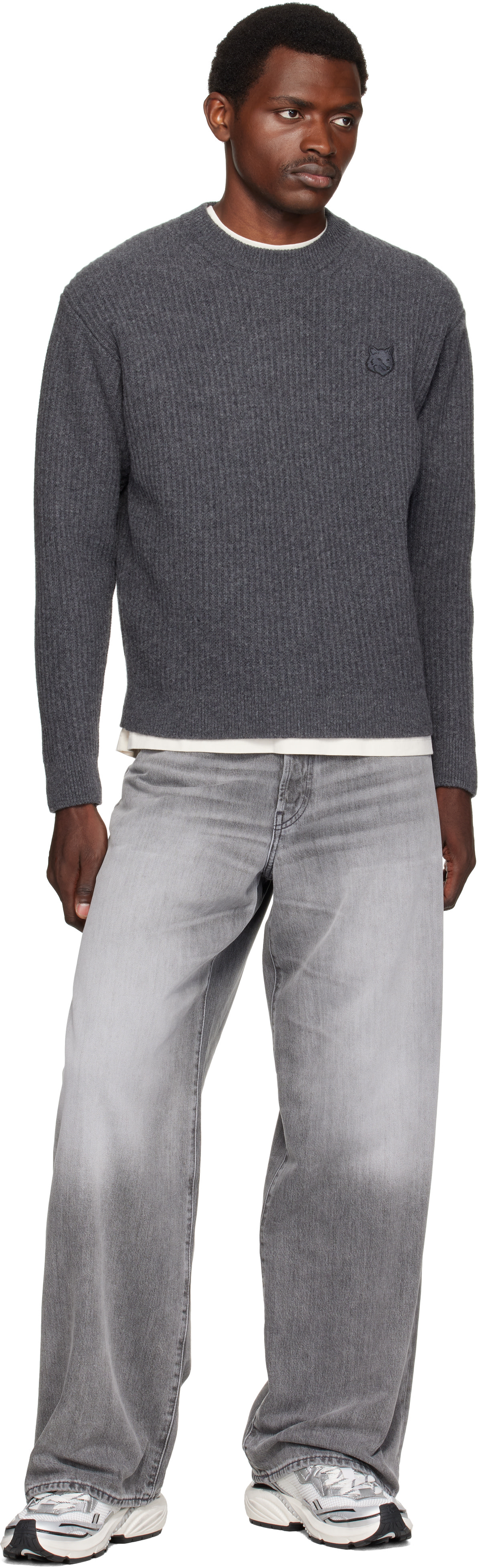 Maison Kitsuné - Gray Fox Head Wool Ribbed Sweater