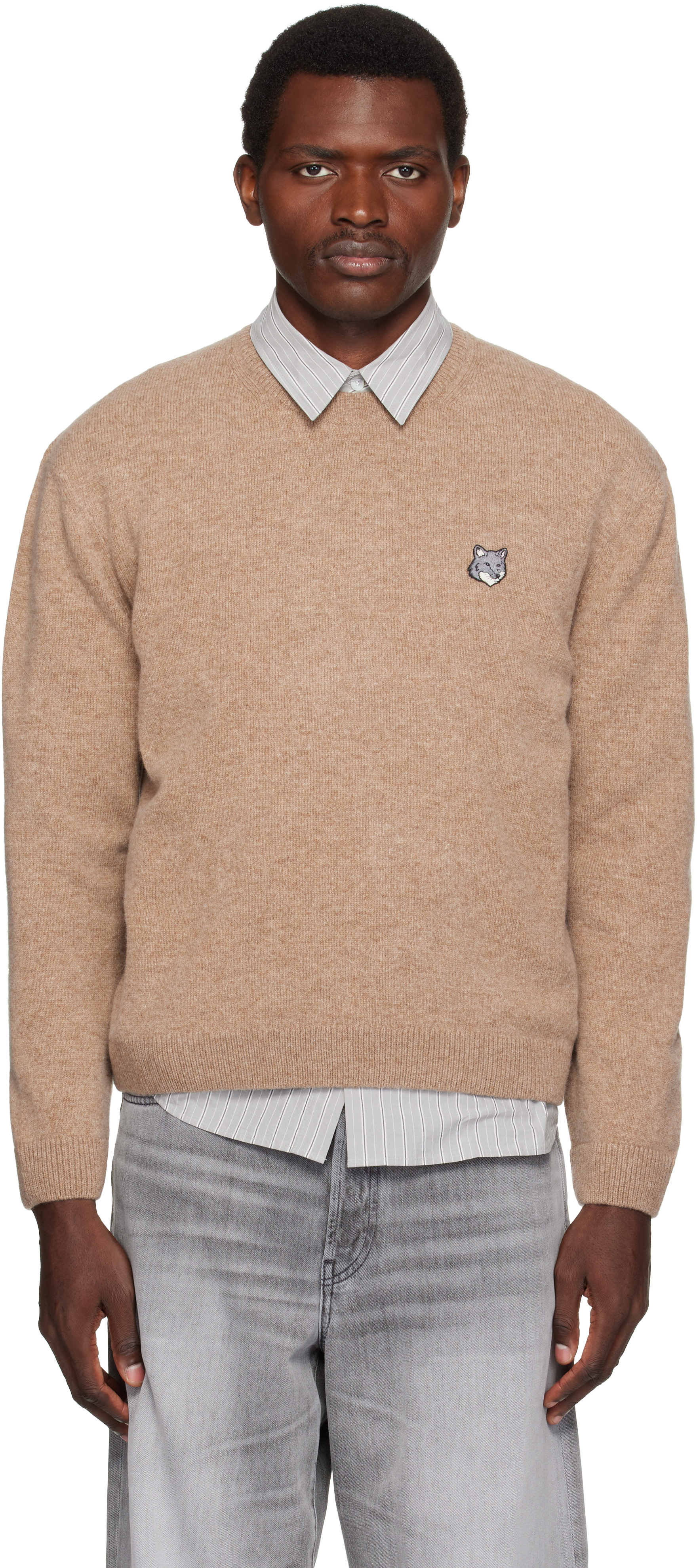 Maison Kitsuné: Beige Fox Head Lambswool Comfort Sweater | SSENSE