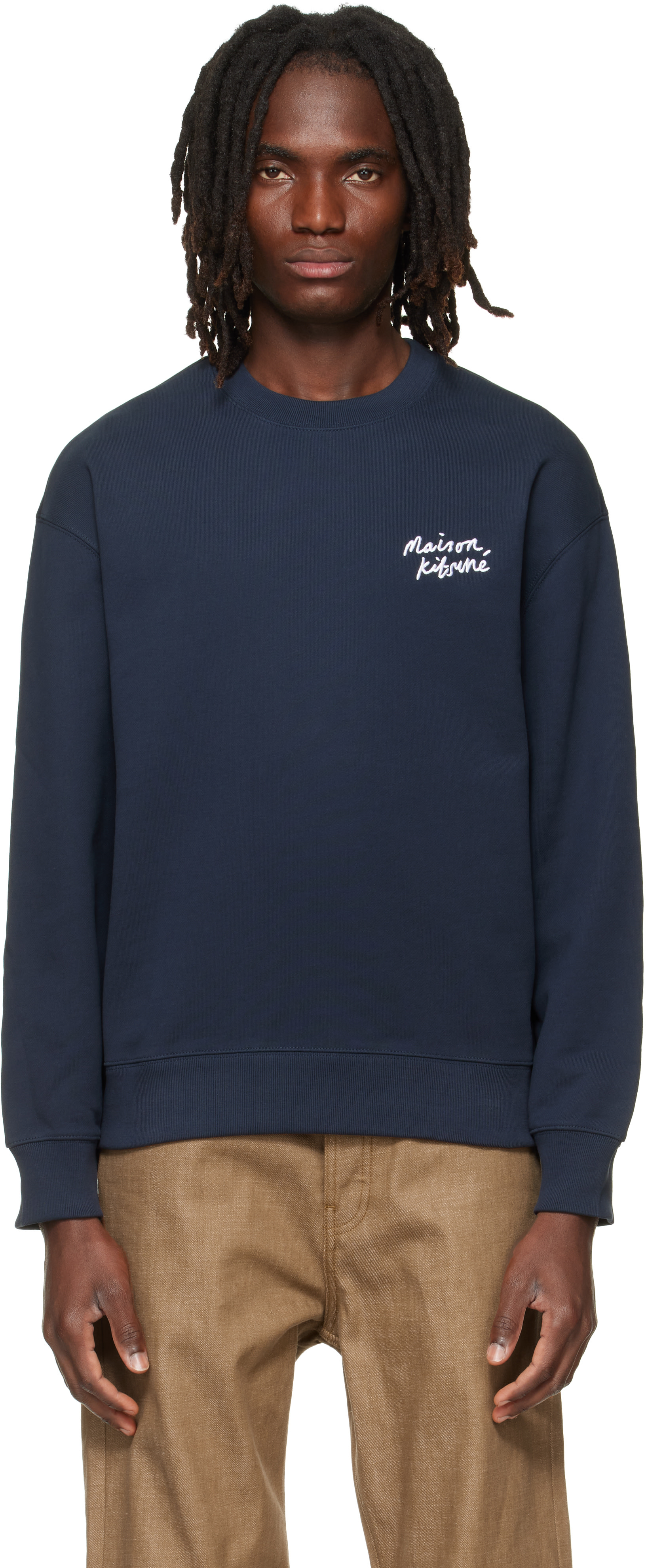 Maison Kitsuné - Pull molletonné décontracté bleu marine à logo calligraphié