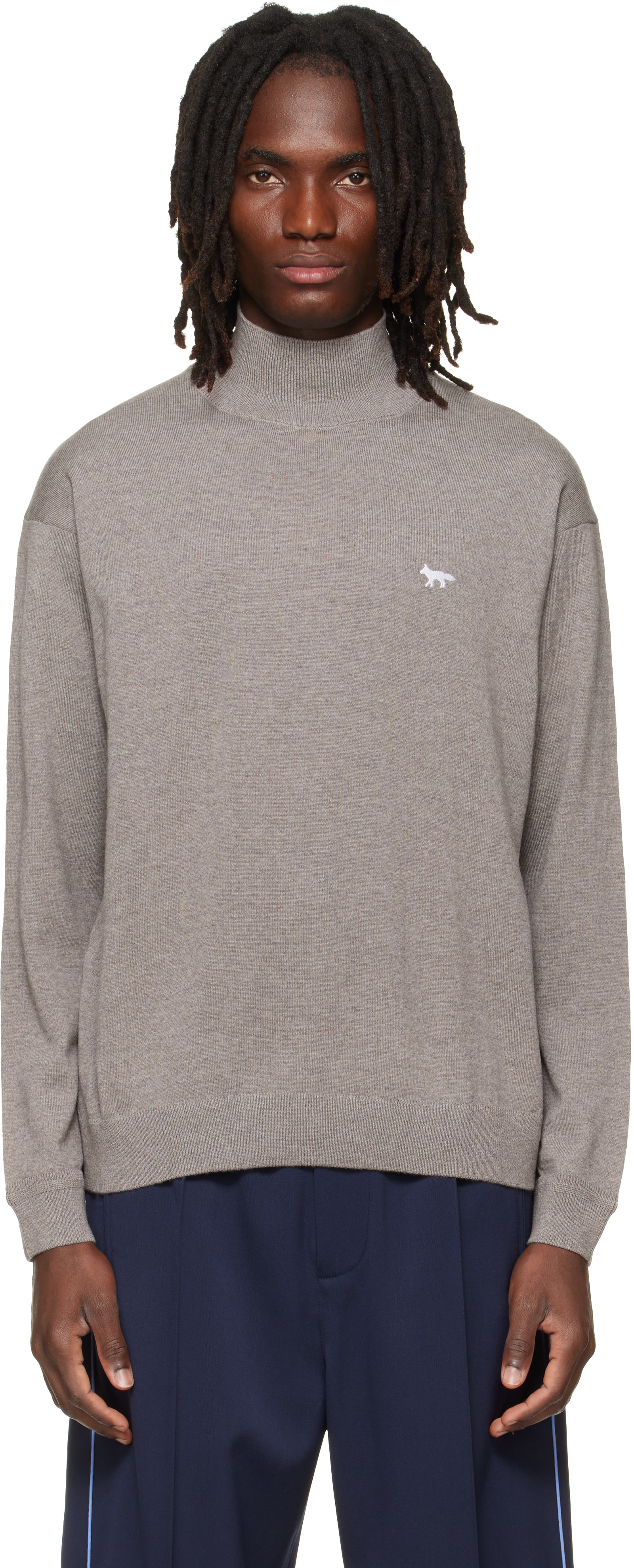 Maison Kitsuné: Taupe Profile Fox Comfort Mock Neck Sweater | SSENSE