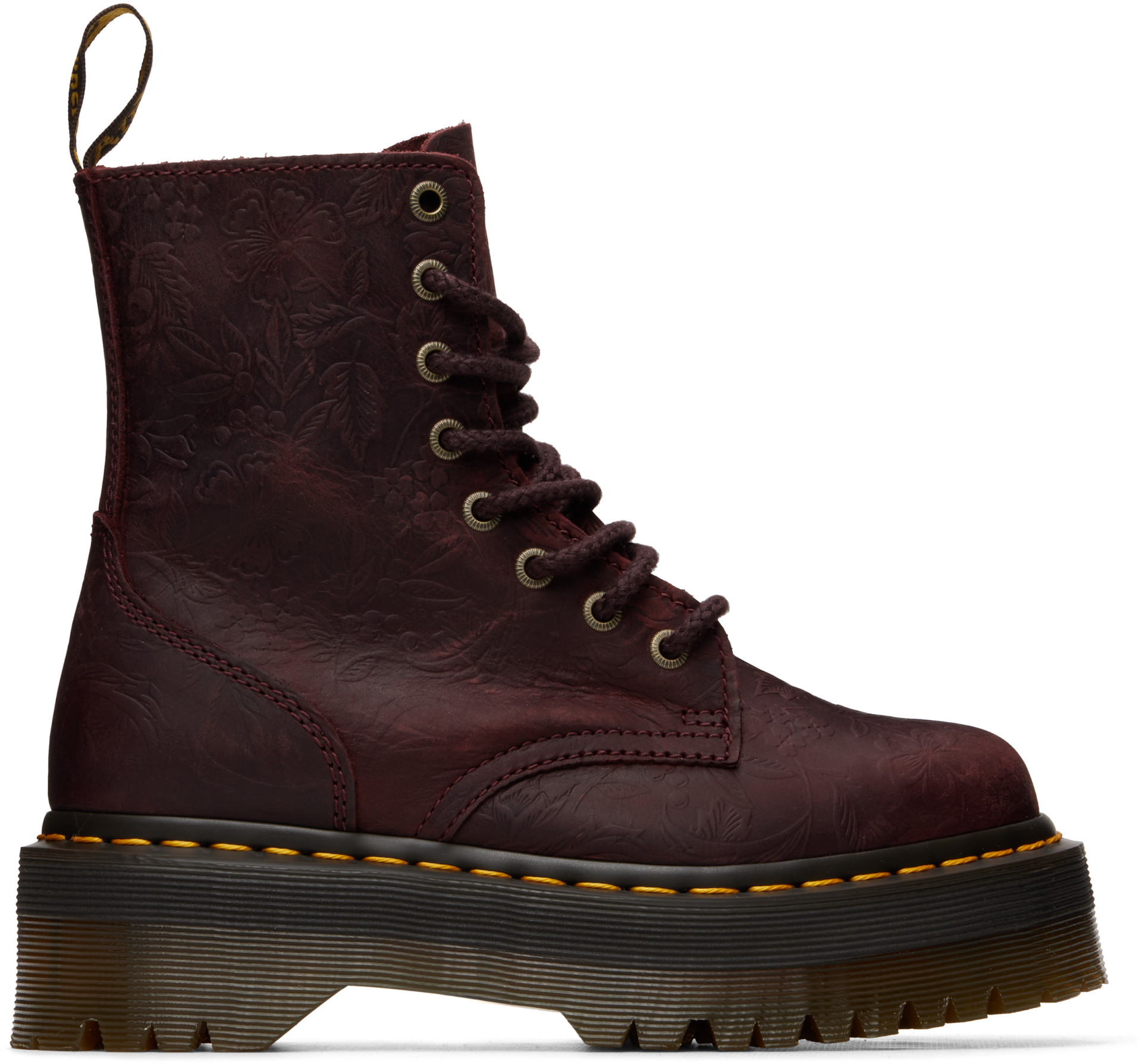 Dr. Martens: Burgundy Jadon Floral Emboss 8 Eye Platform Boots