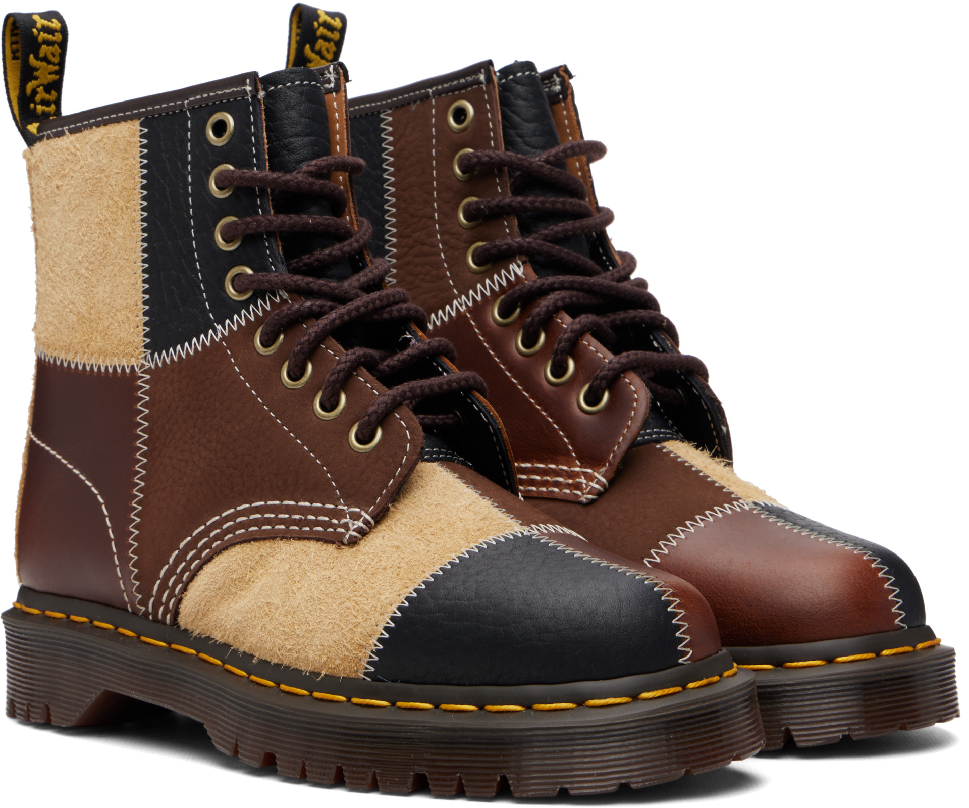 Dr. Martens - Bottes 1460 brun et beige à patchwork et à œillets
