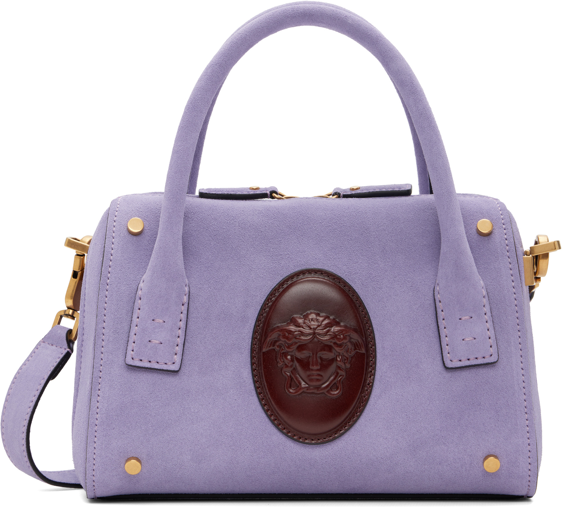 Versace: Purple Roomy Small Suede Boston Bag | SSENSE