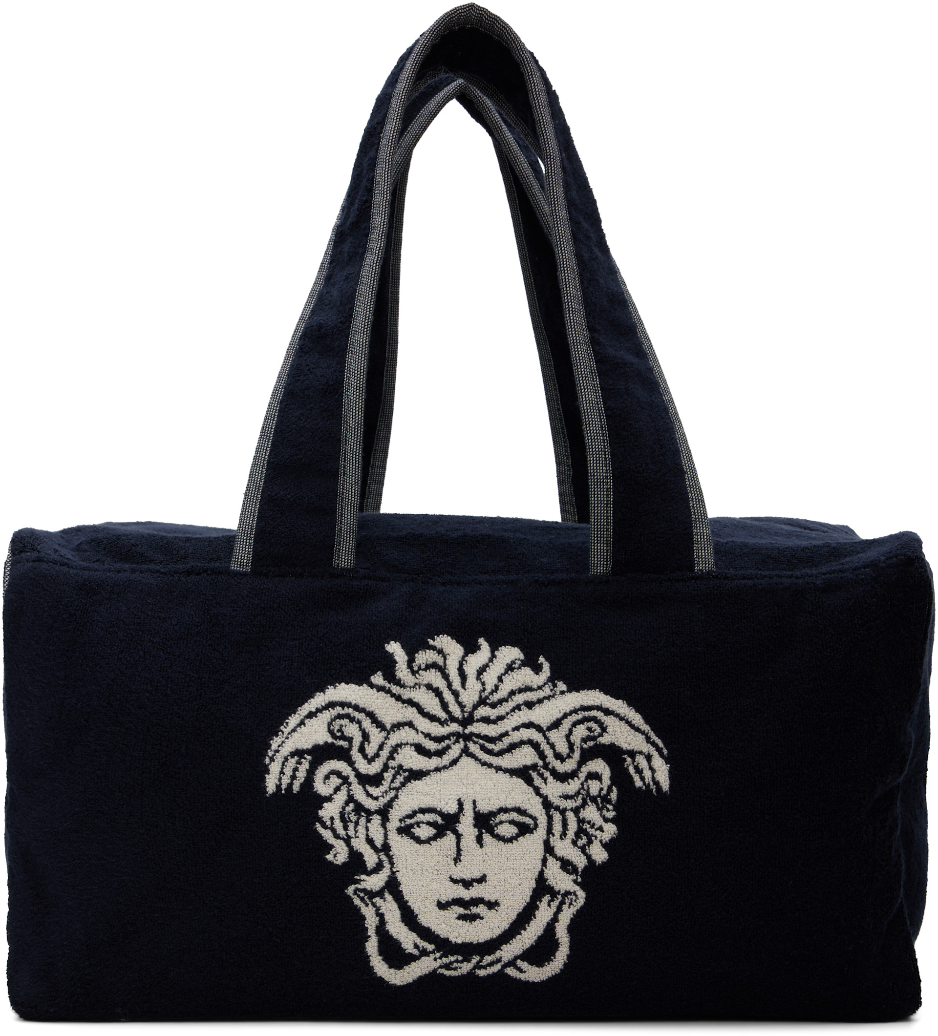 VERSACE ネイビーパーティーバッグ Versace: Navy Terry Cloth Jacquard Gym Duffle Bag | SSENSE