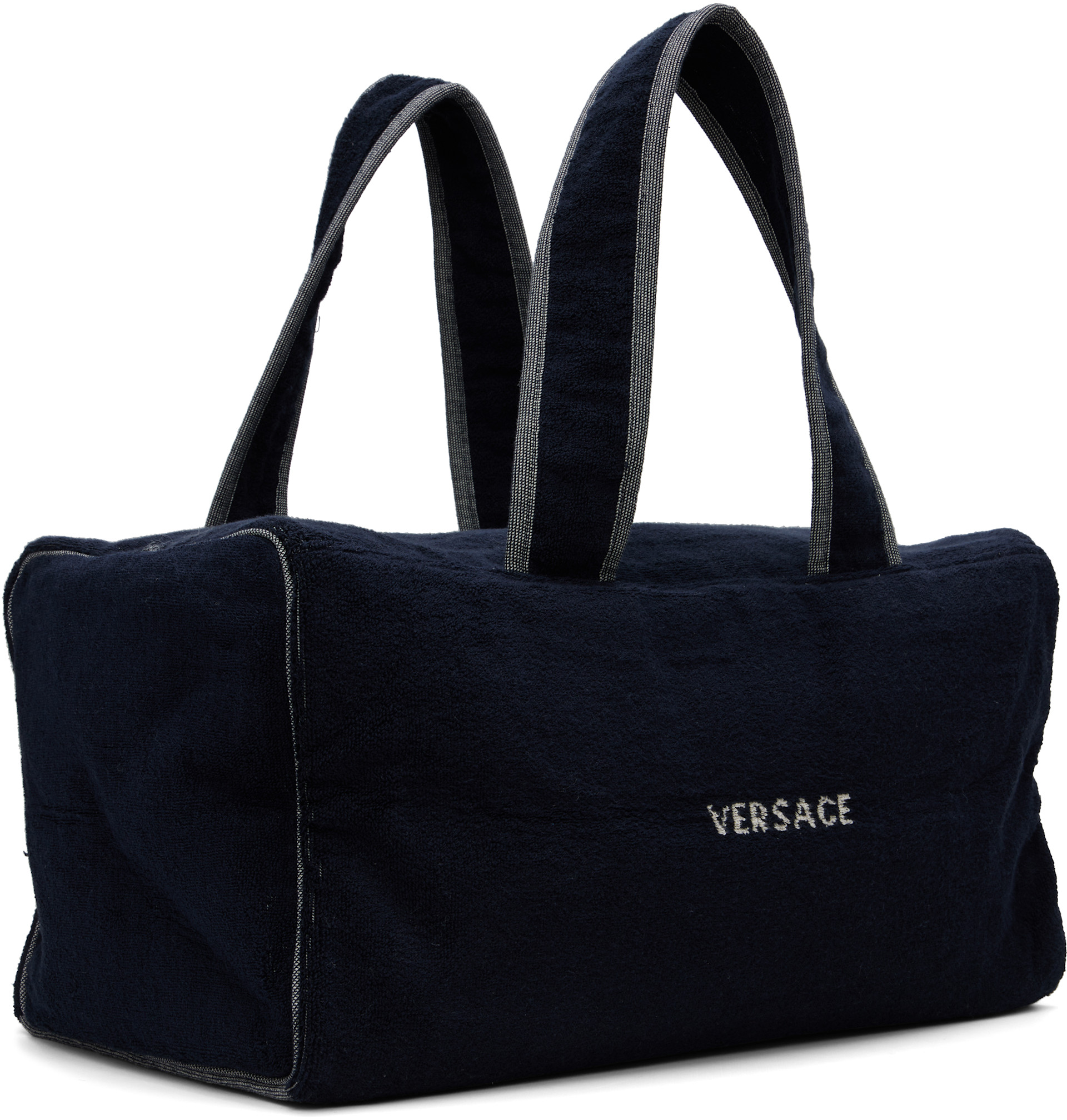 Versace: Navy Terry Cloth Jacquard Gym Duffle Bag | SSENSE