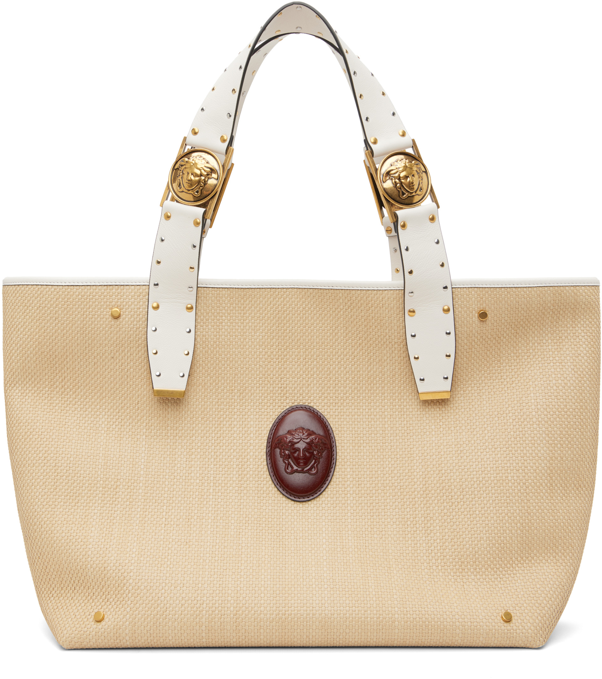 Versace - Grand cabas beige en raphia à logo