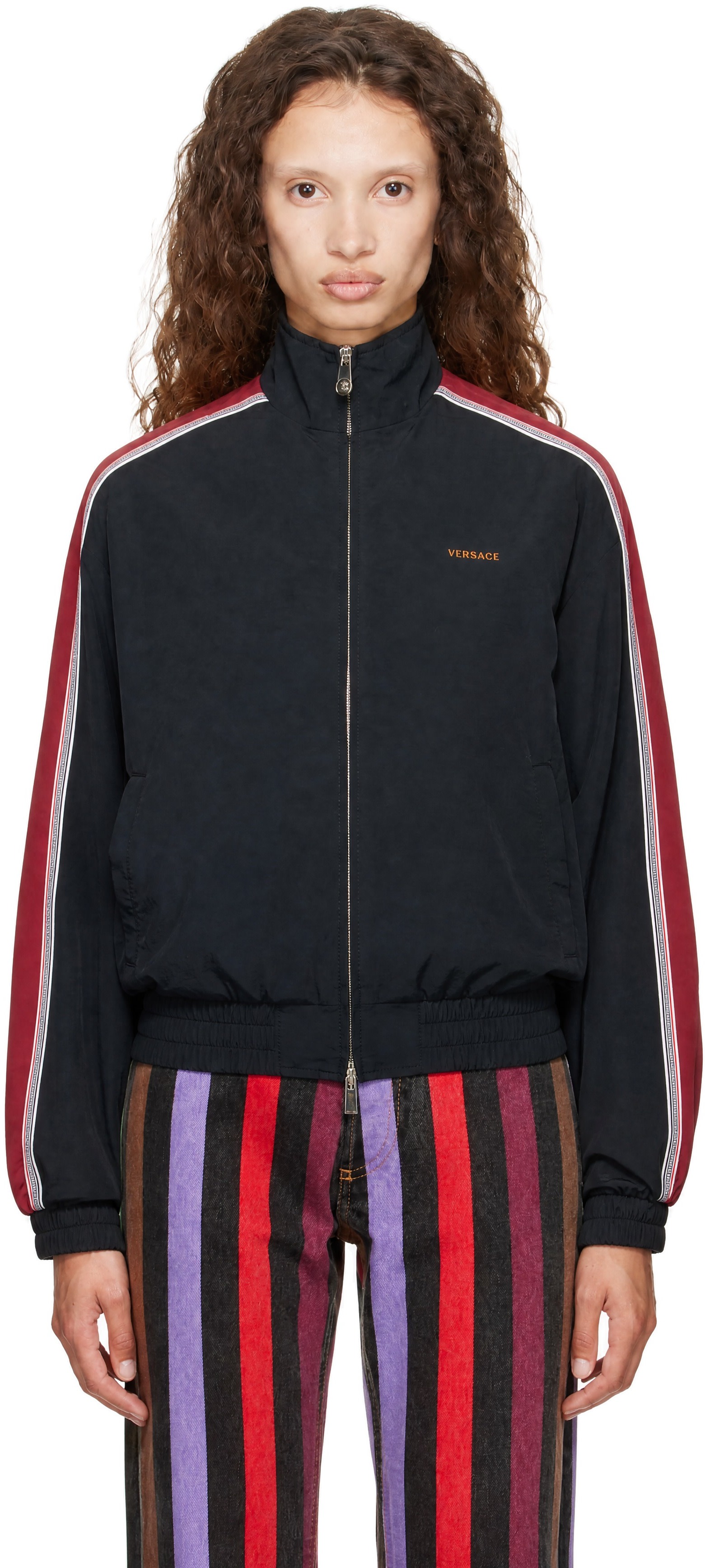 Versace - Blouson noir en nylon à logo brodé