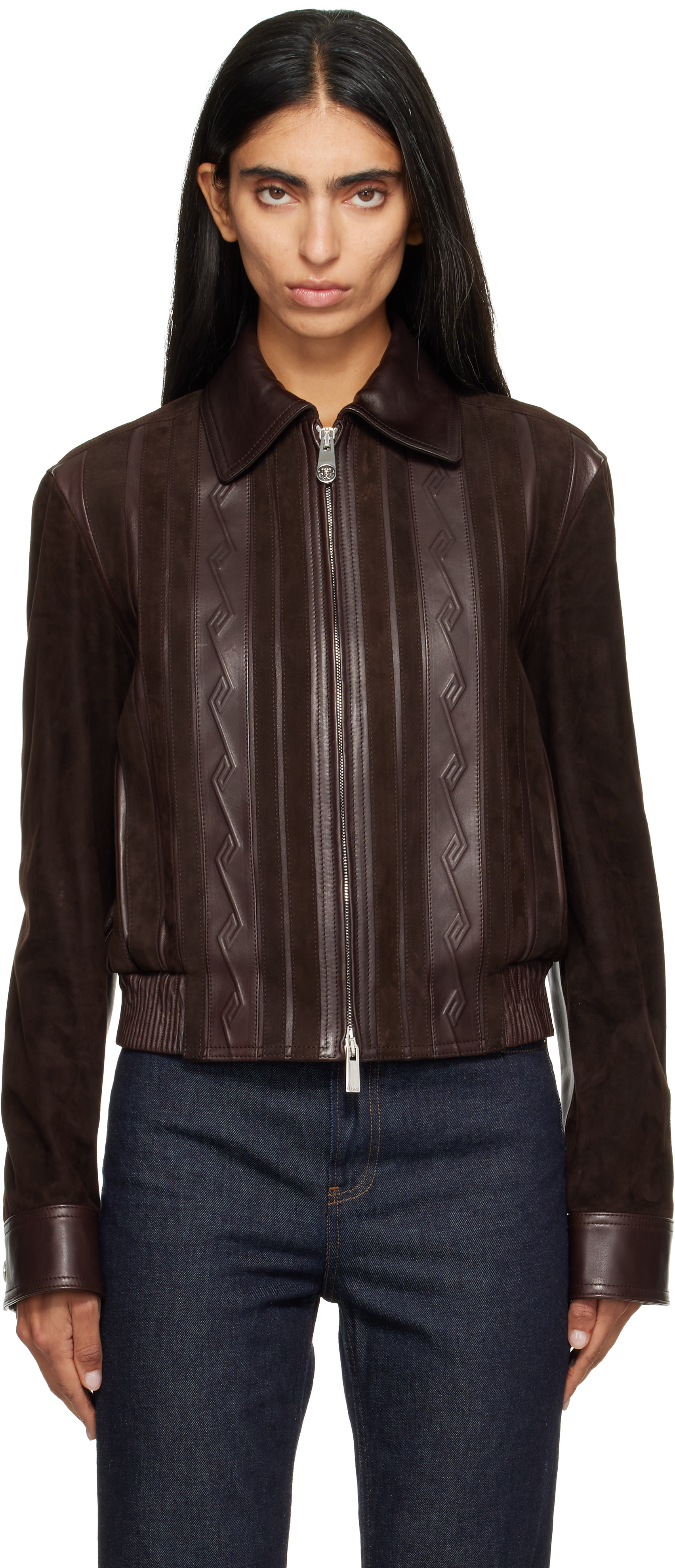 Versace: Brown Nappa Leather & Suede Blouson Jacket | SSENSE