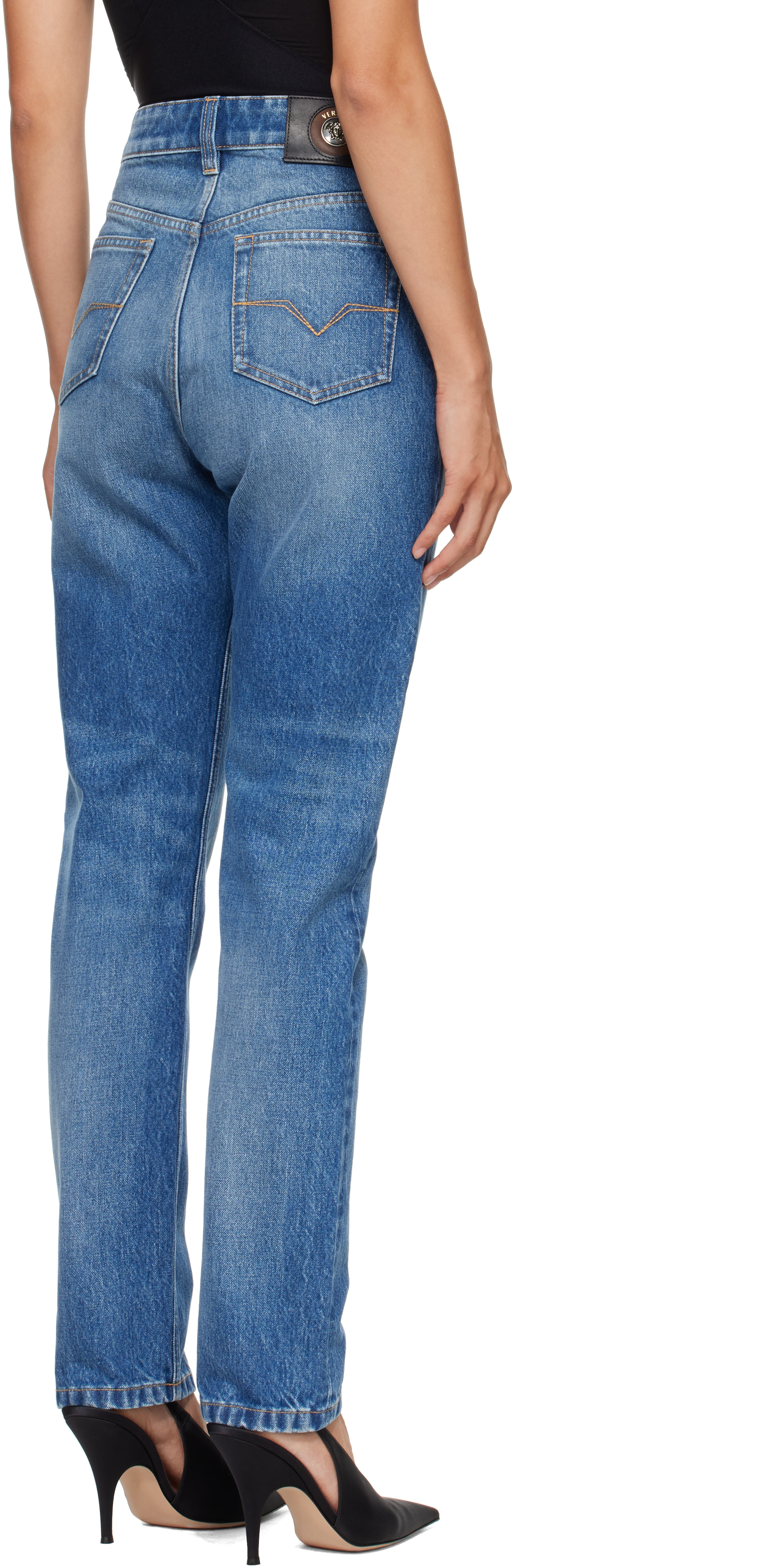 VERSACE ストレート パンツ 26 Versace: Blue High Waist Straight Jeans | SSENSE