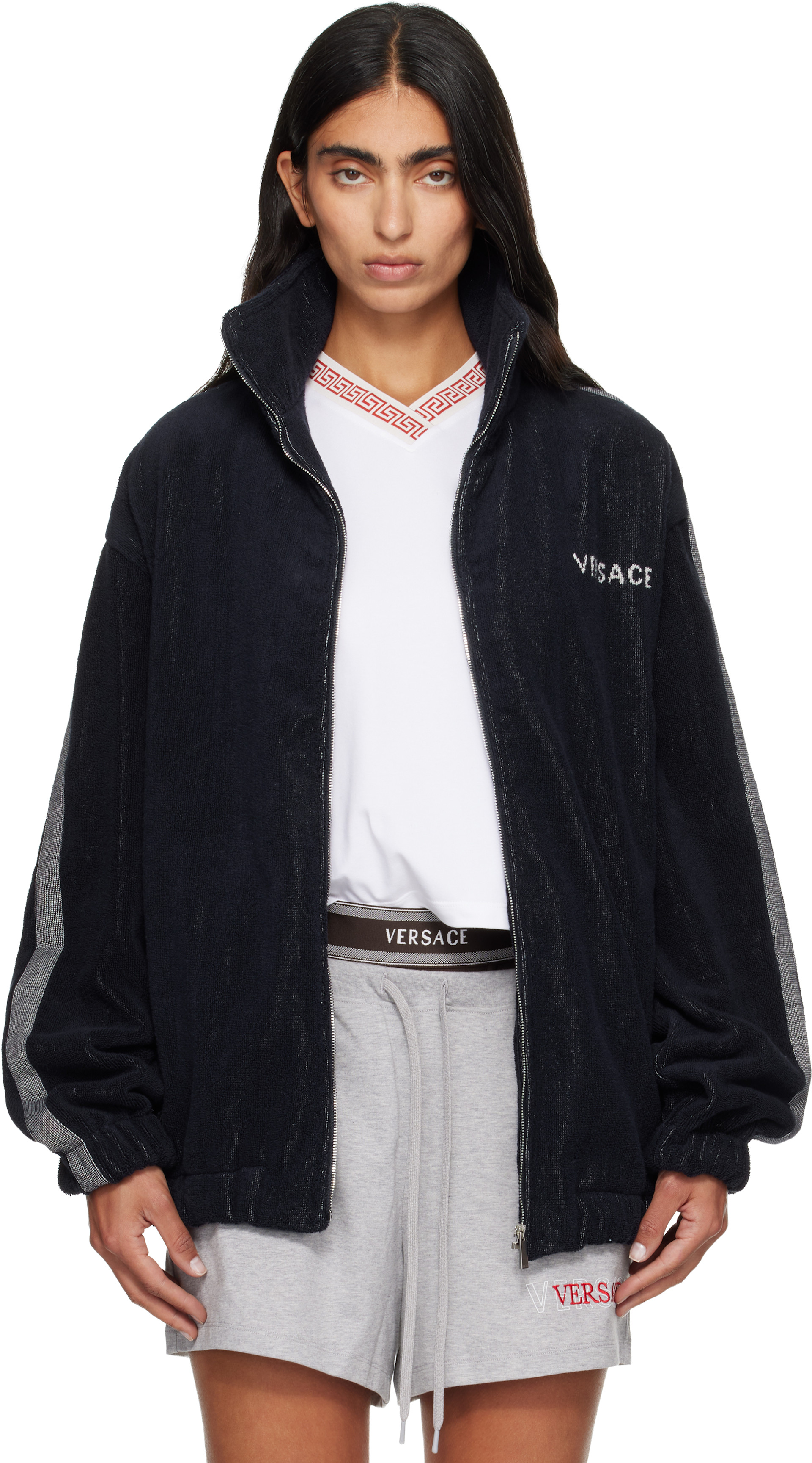 Versace: Navy Cotton-Terry Jacquard Zip Jacket | SSENSE
