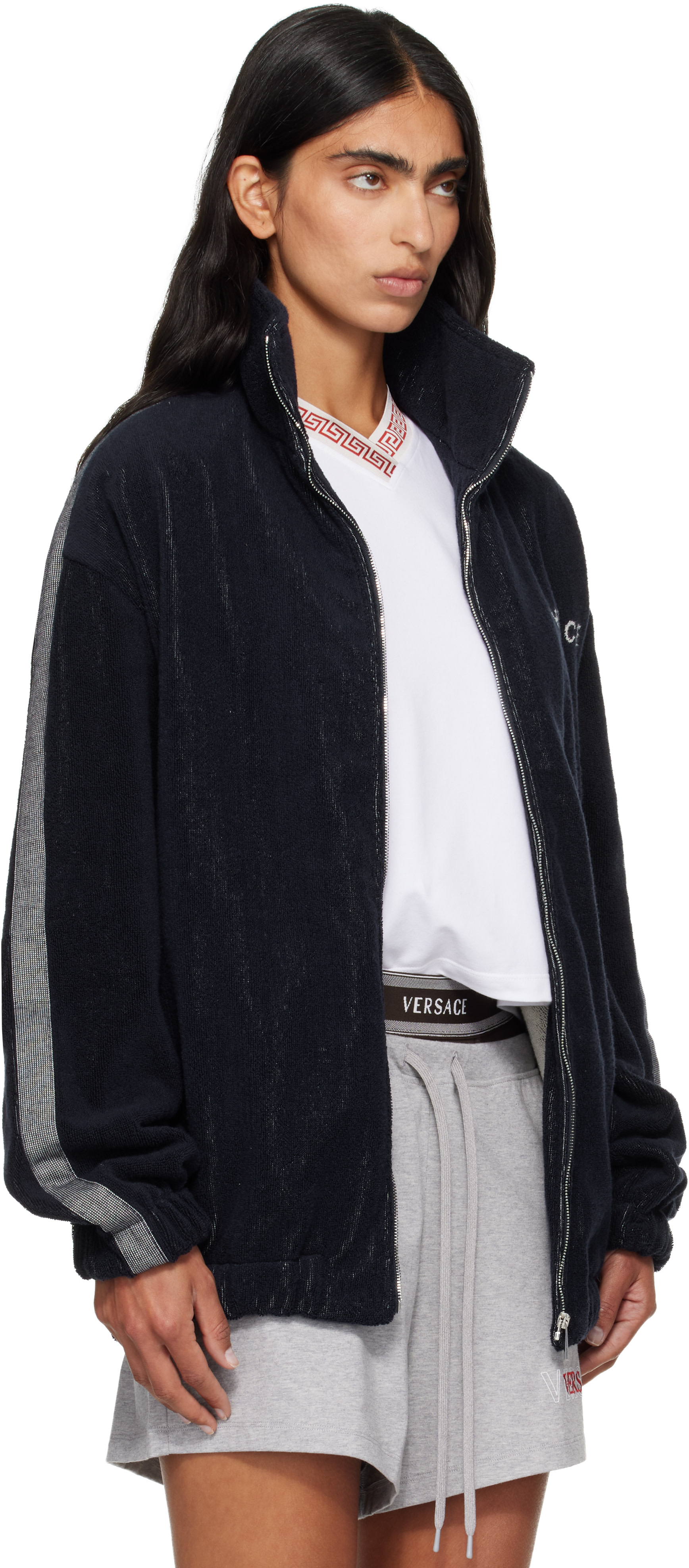 イタリア製　VERSACE スエード ブルゾン Versace: Navy Cotton-Terry Jacquard Zip Jacket | SSENSE