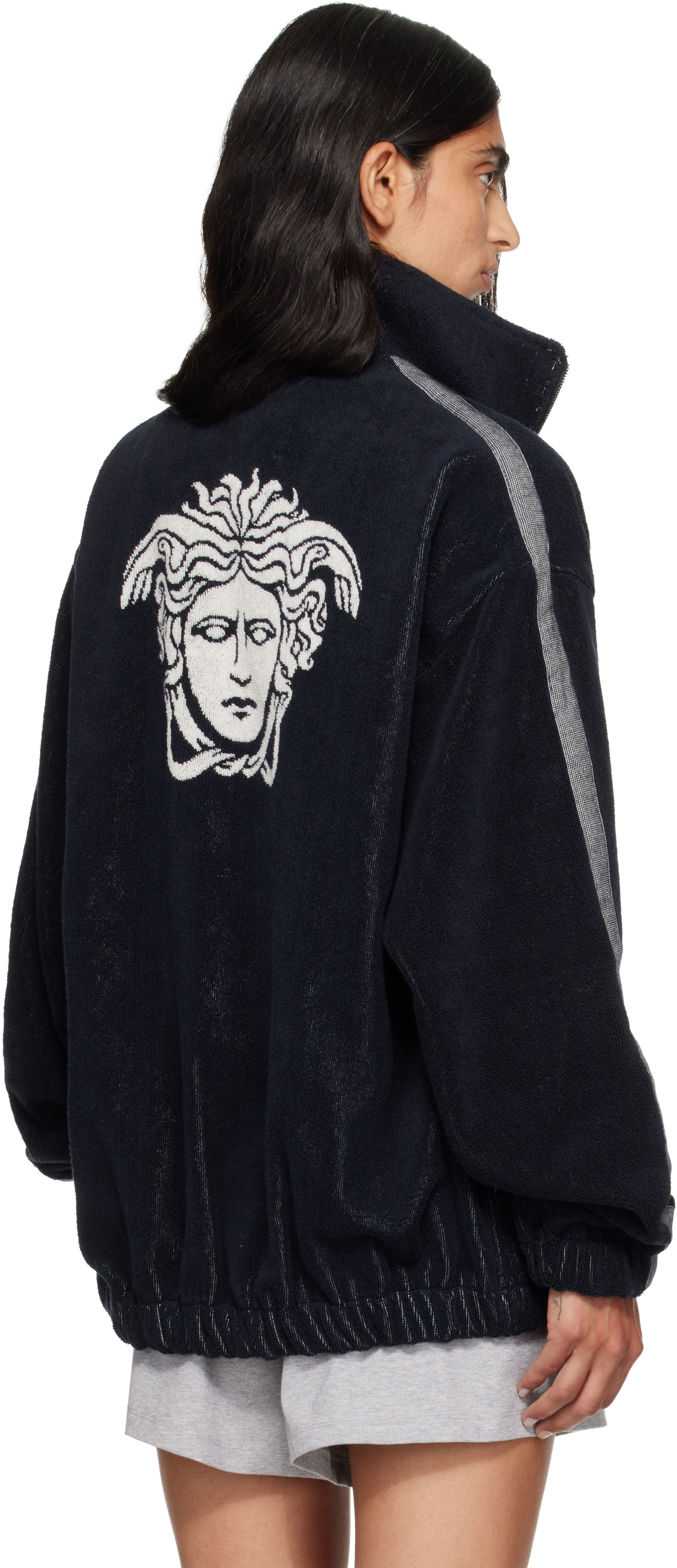 Versace: Navy Cotton-Terry Jacquard Zip Jacket | SSENSE