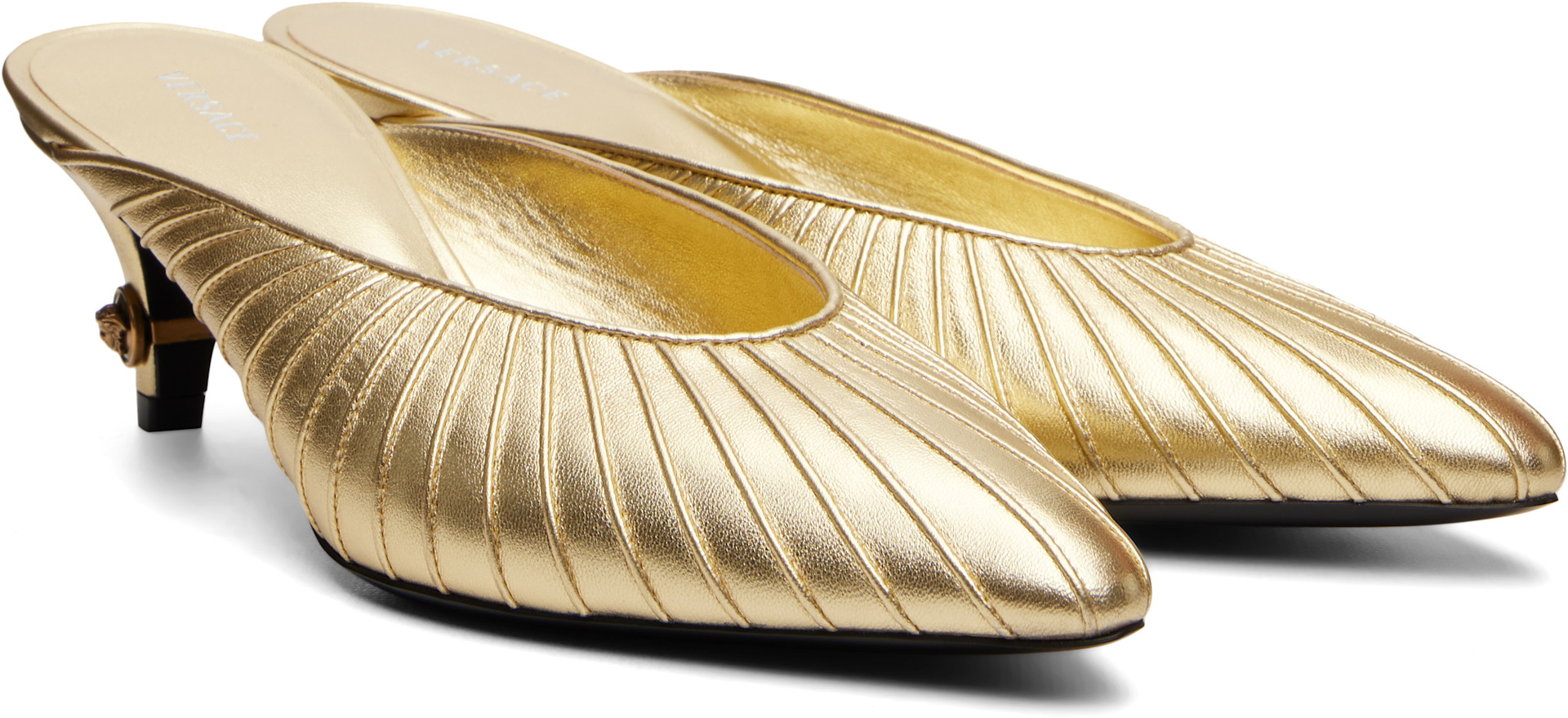 Versace: Gold Gianni Metallic Nappa Mule Heels | SSENSE