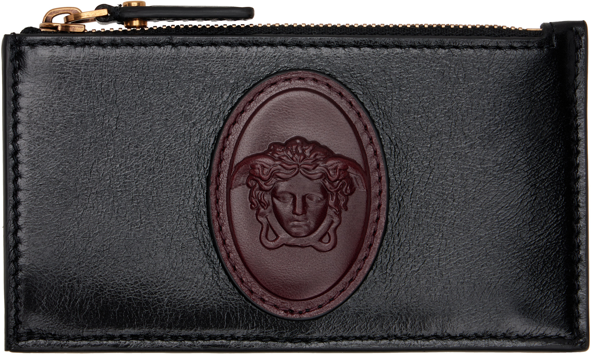 Versace - Black & Brown Roomy Leather Zip Card Holder