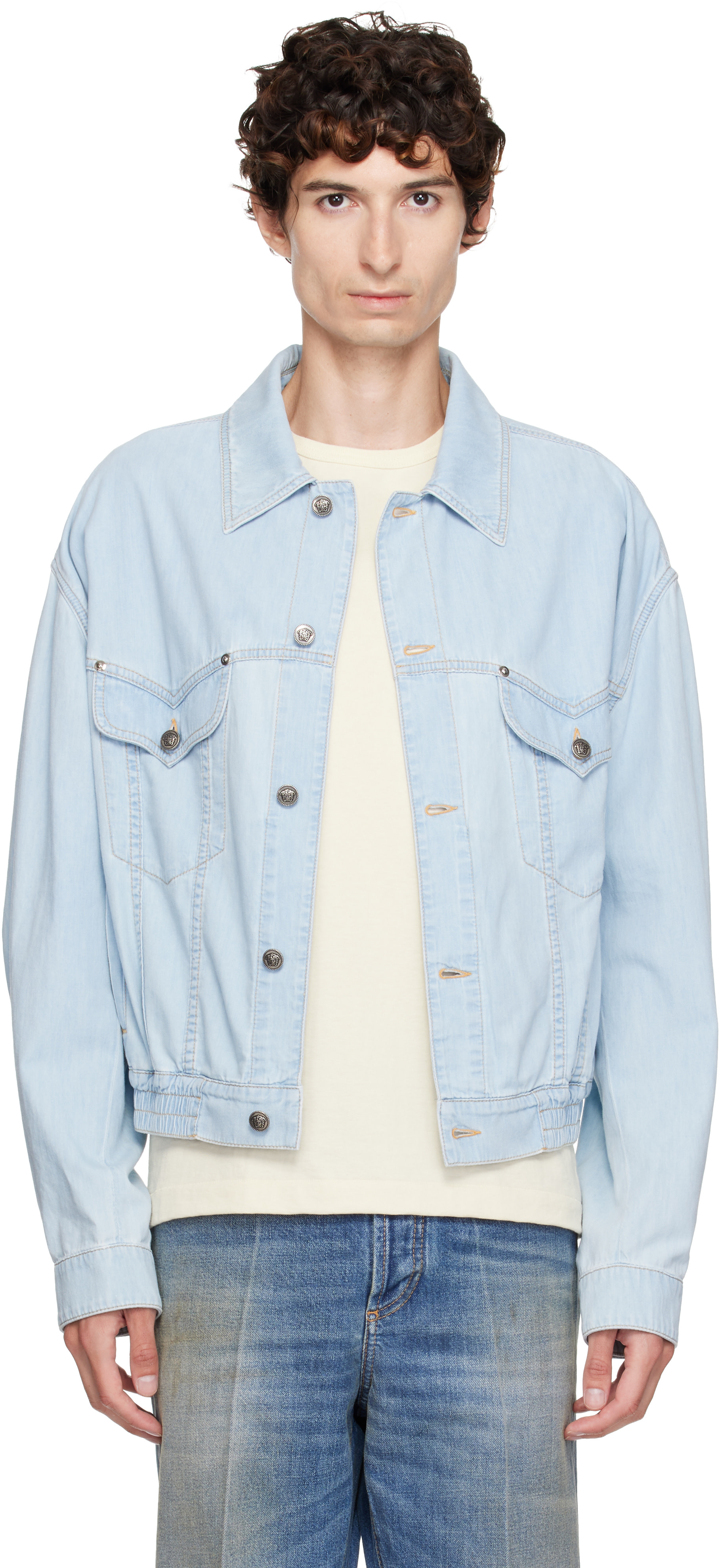 Versace - Blouson aviateur bleu en chambray