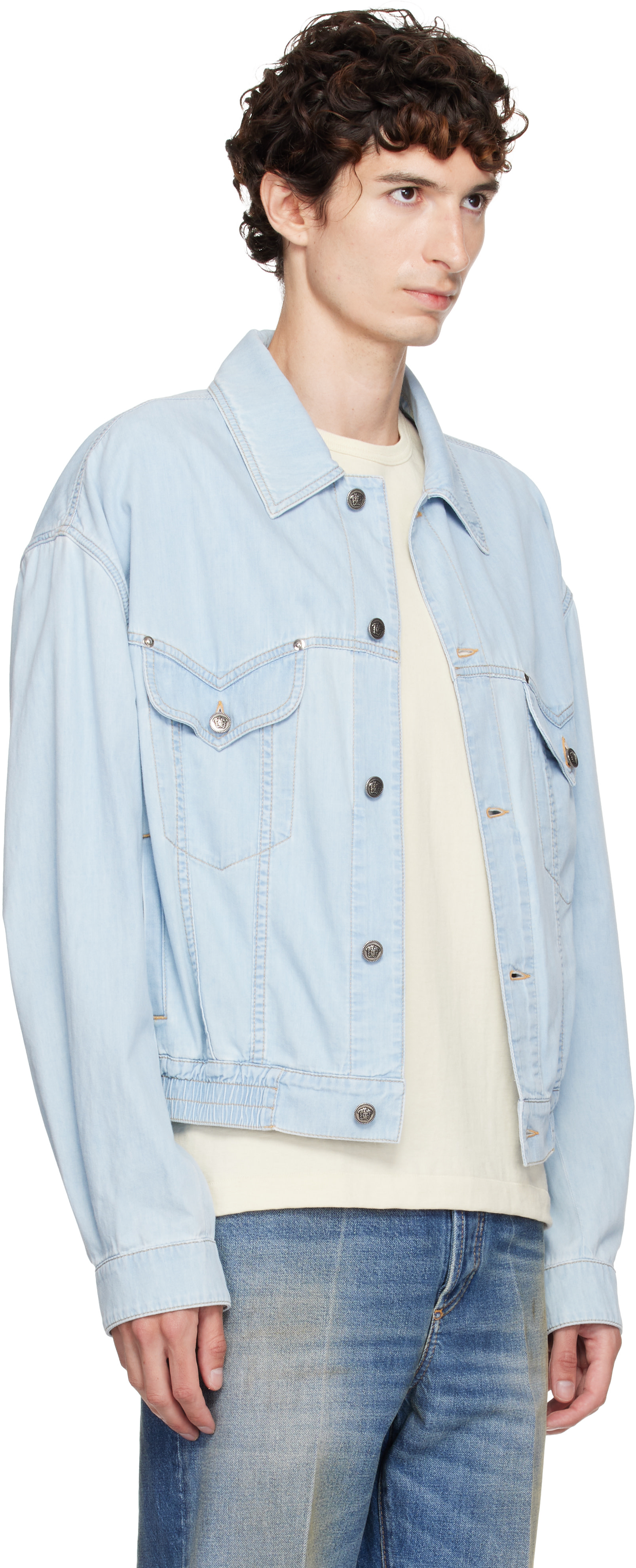 Versace - Blouson aviateur bleu en chambray