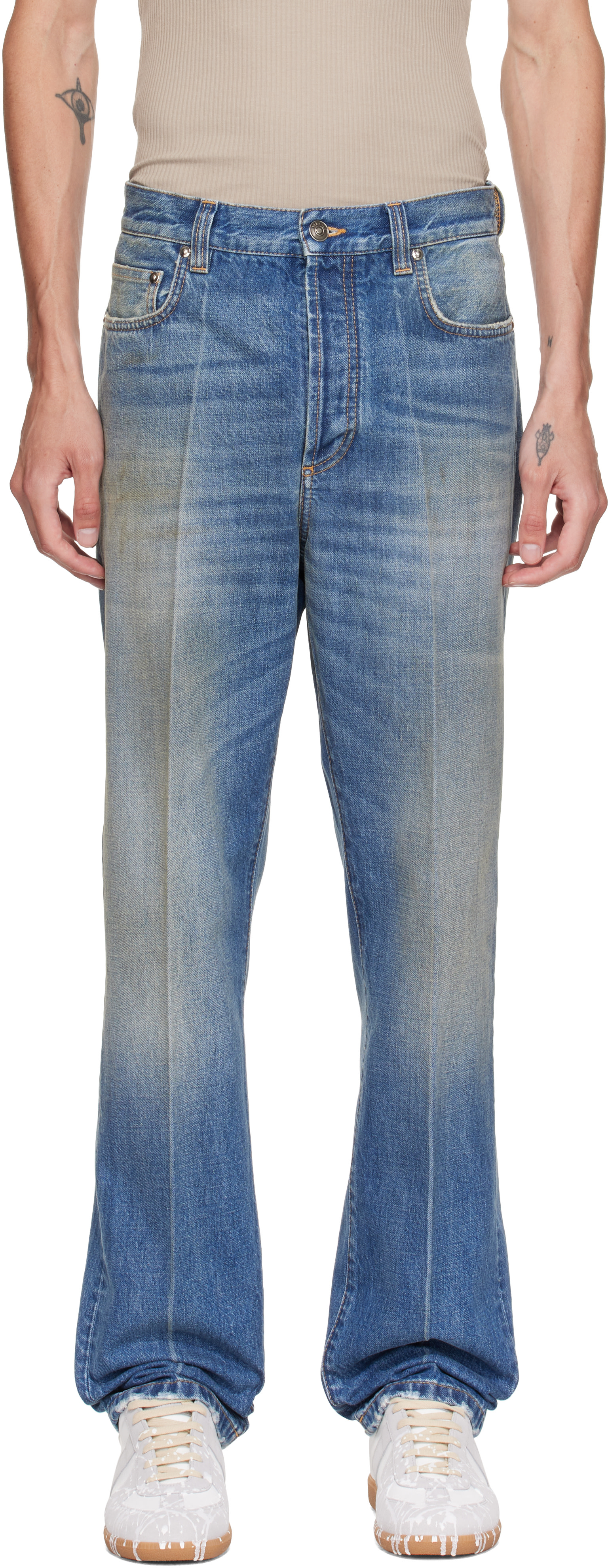 Versace - Jean droit bleu à effet usé
