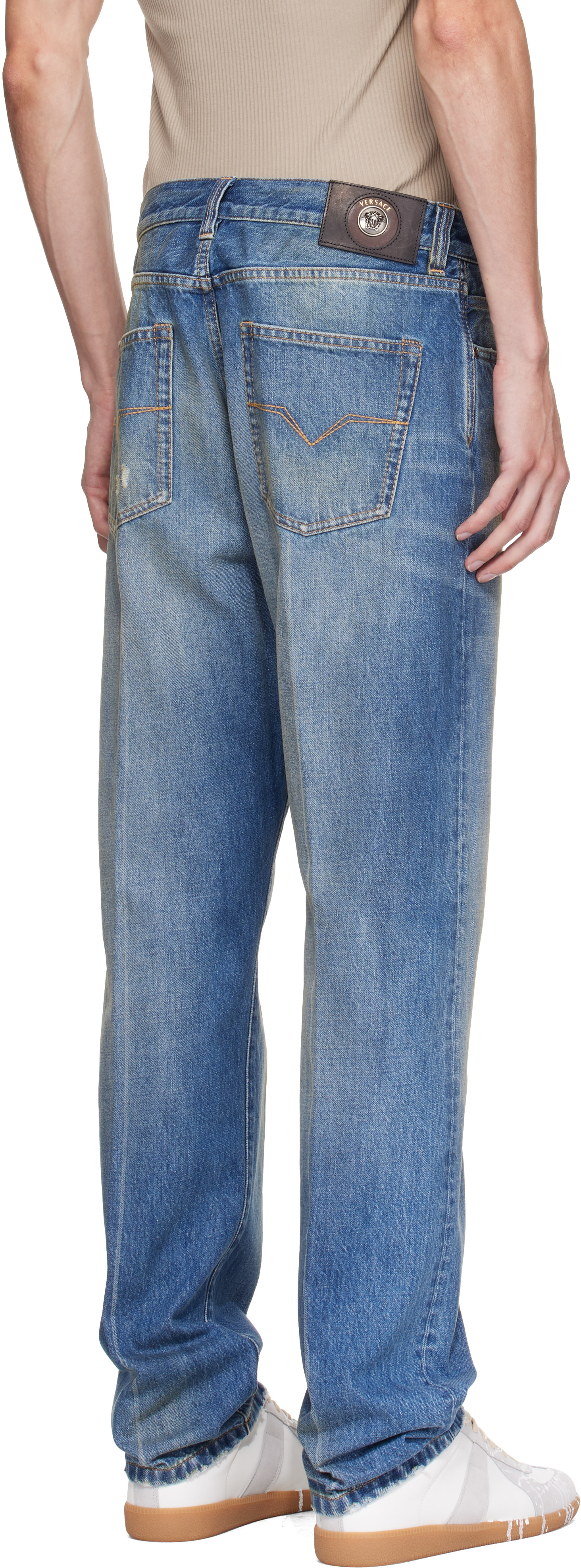 Versace - Jean droit bleu à effet usé