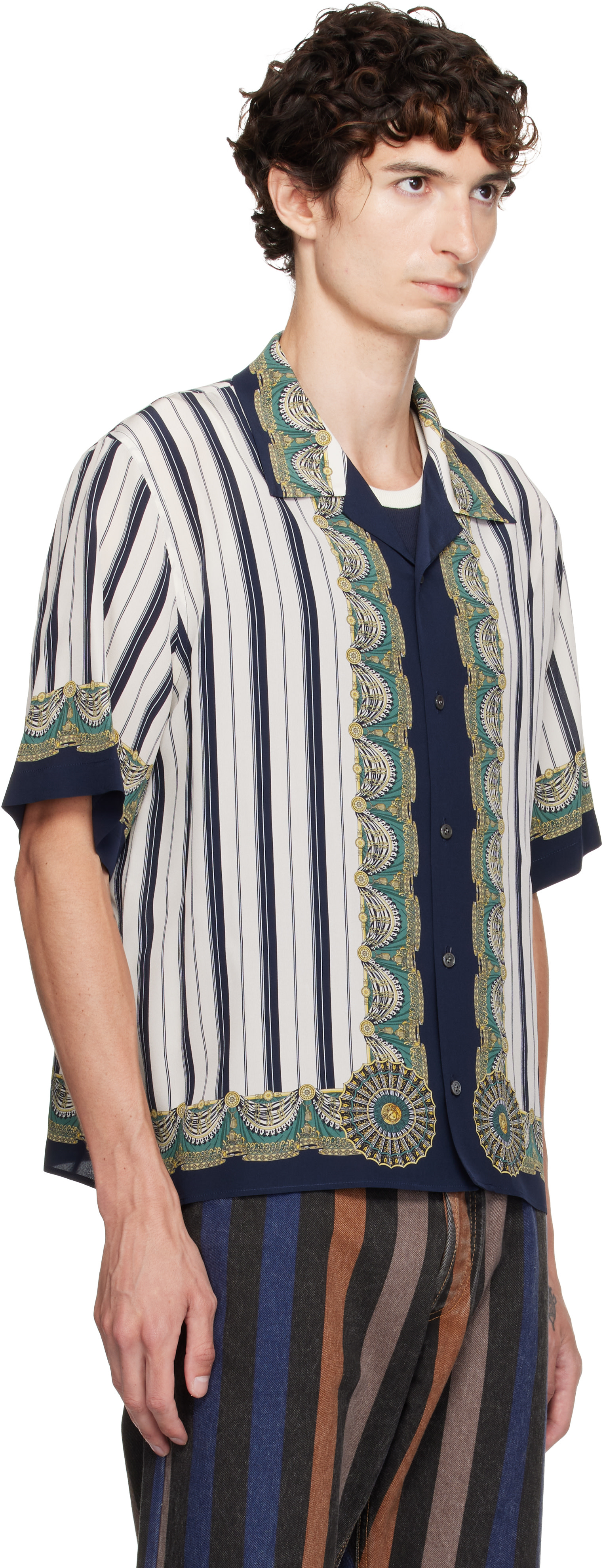 Versace: Blue Printed Crêpe De Chine Silk Shirt | SSENSE Canada