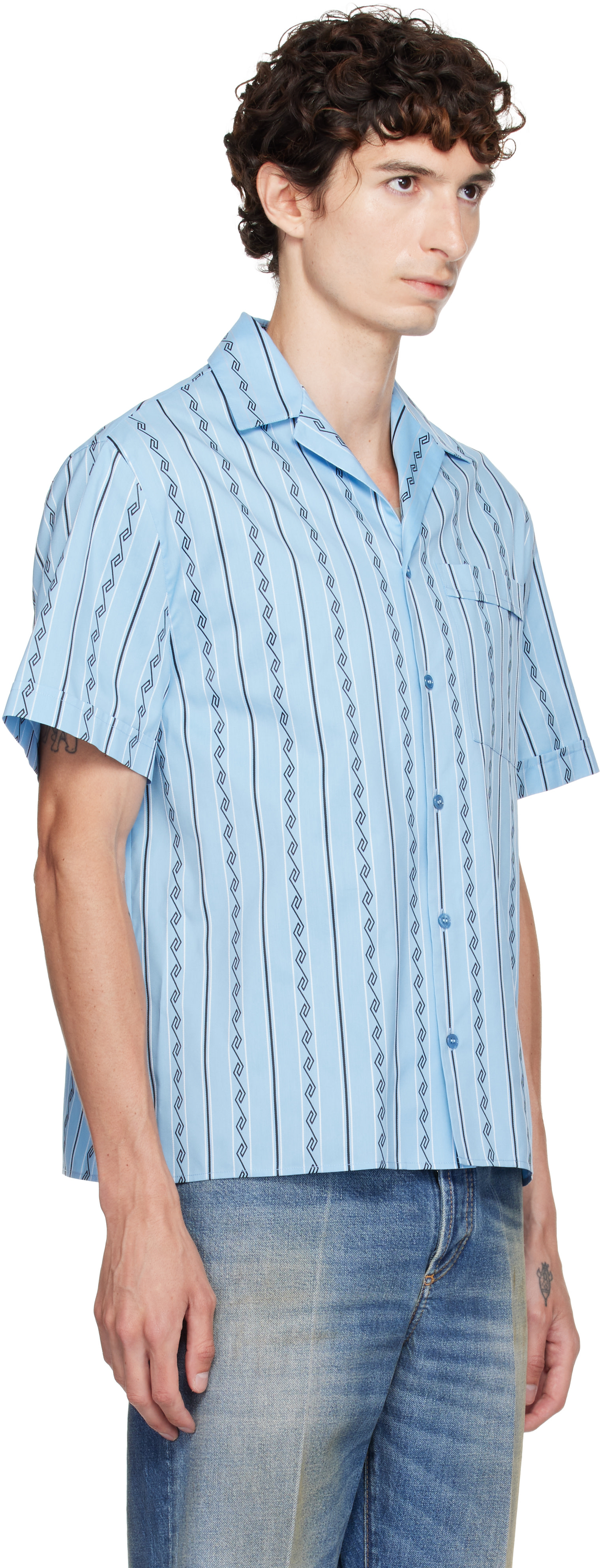 Versace: Blue Jacquard Cotton-Silk Regular Shirt | SSENSE