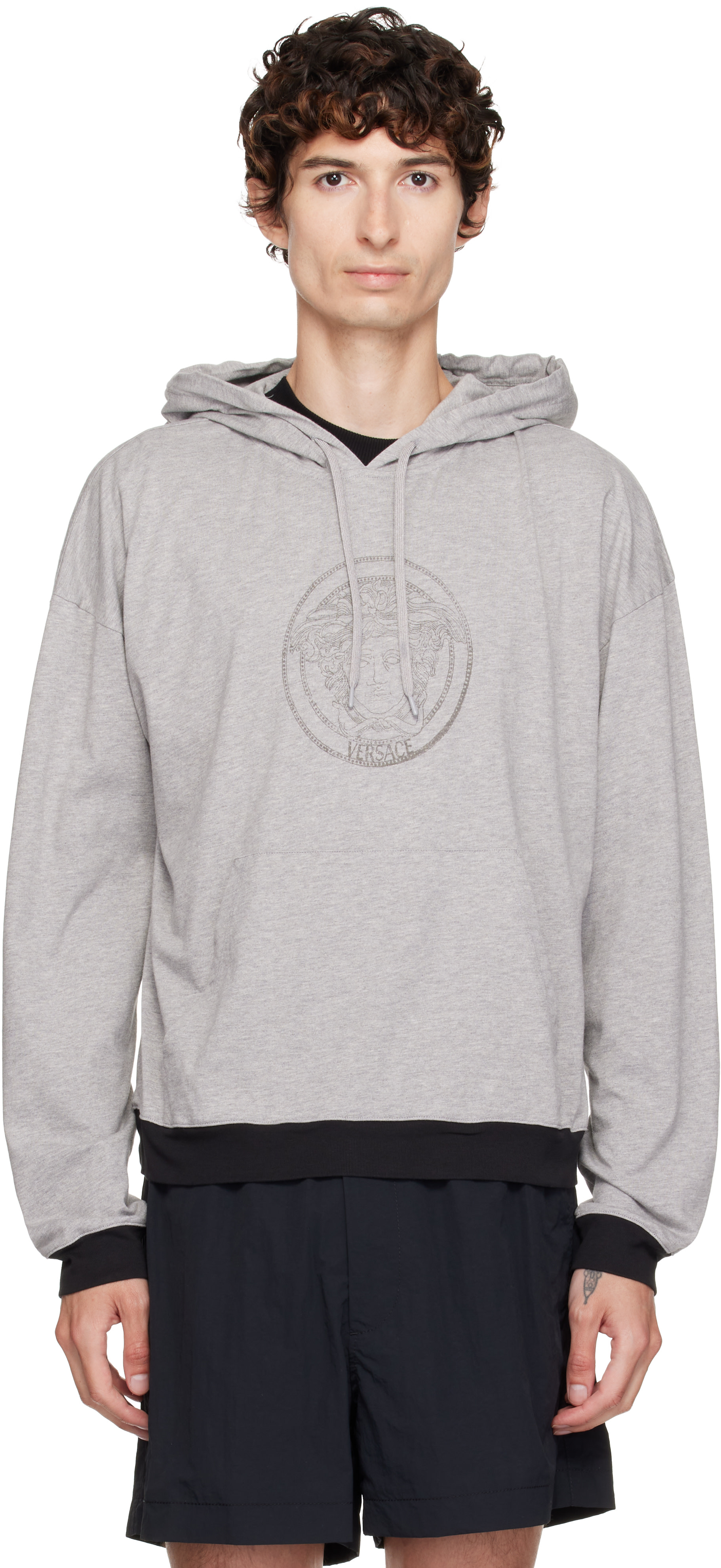 Versace - Pull à capuche gris en jersey de coton à logo imprimé