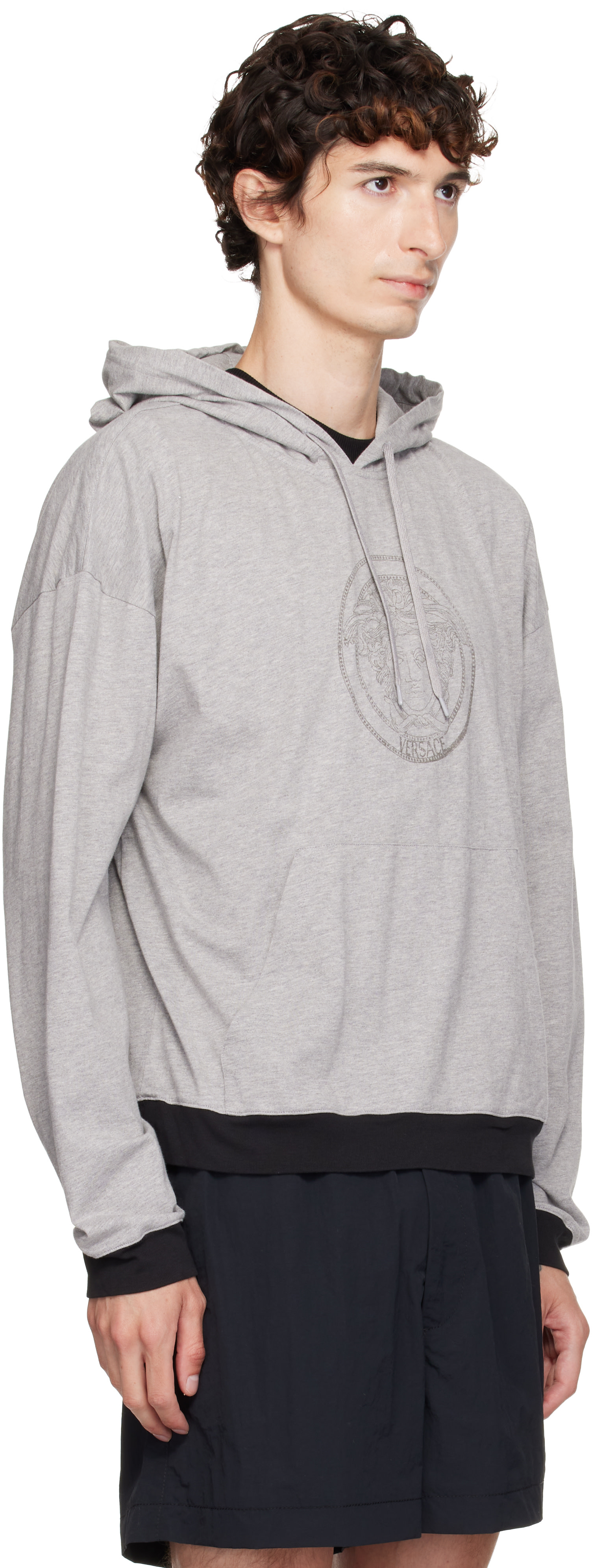 Versace - Pull à capuche gris en jersey de coton à logo imprimé