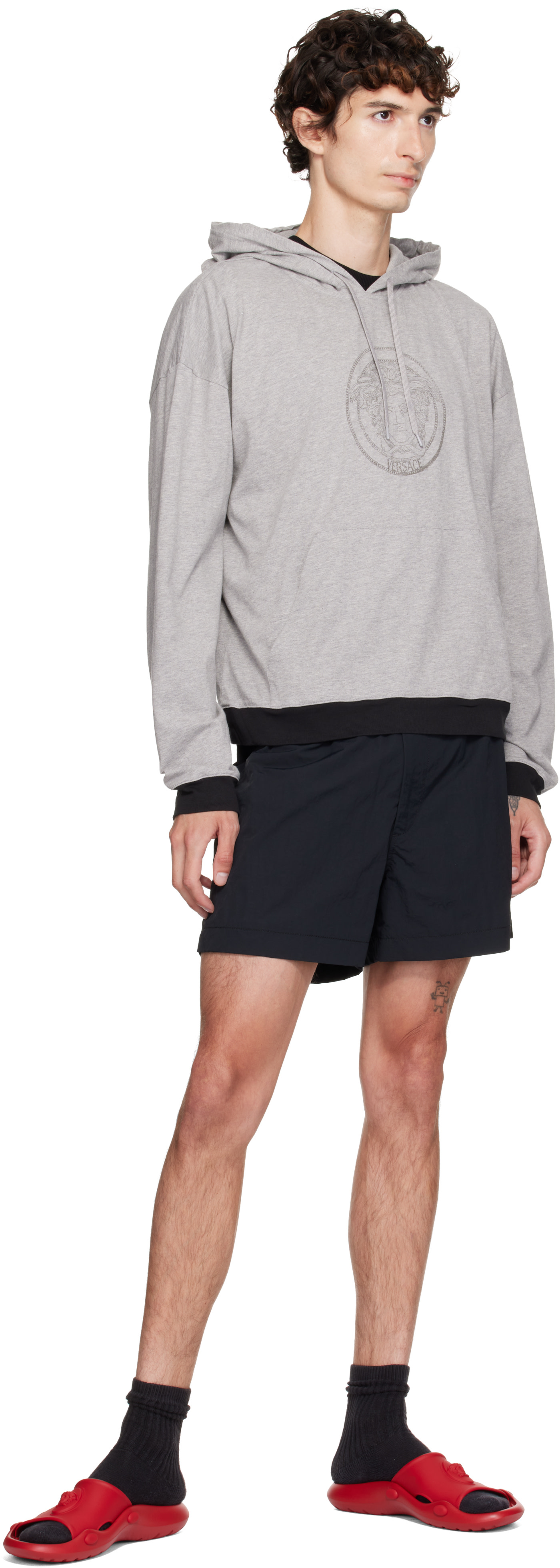Versace - Pull à capuche gris en jersey de coton à logo imprimé