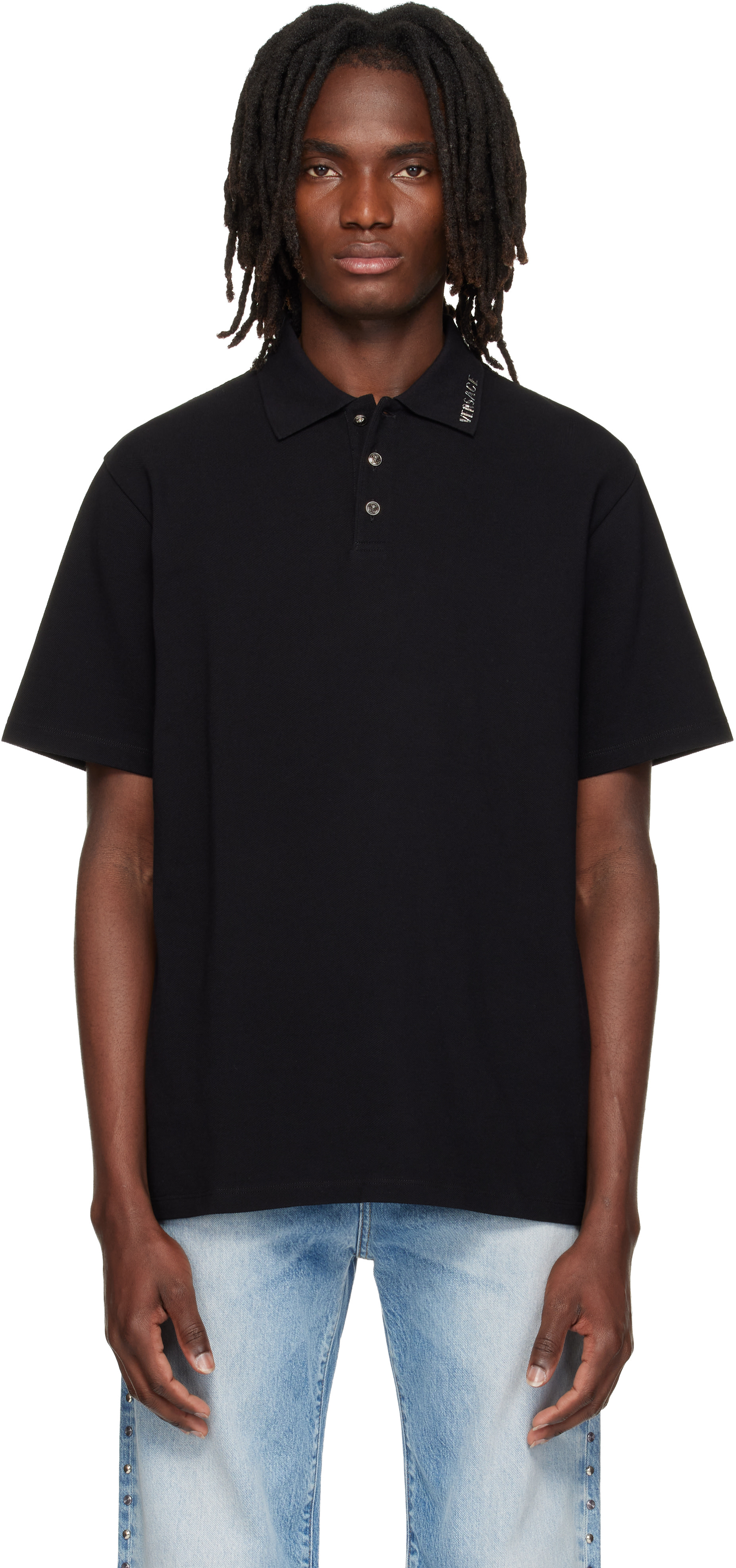 Versace: Black Piquet Crystal Embroidered Knitted Collar Polo | SSENSE