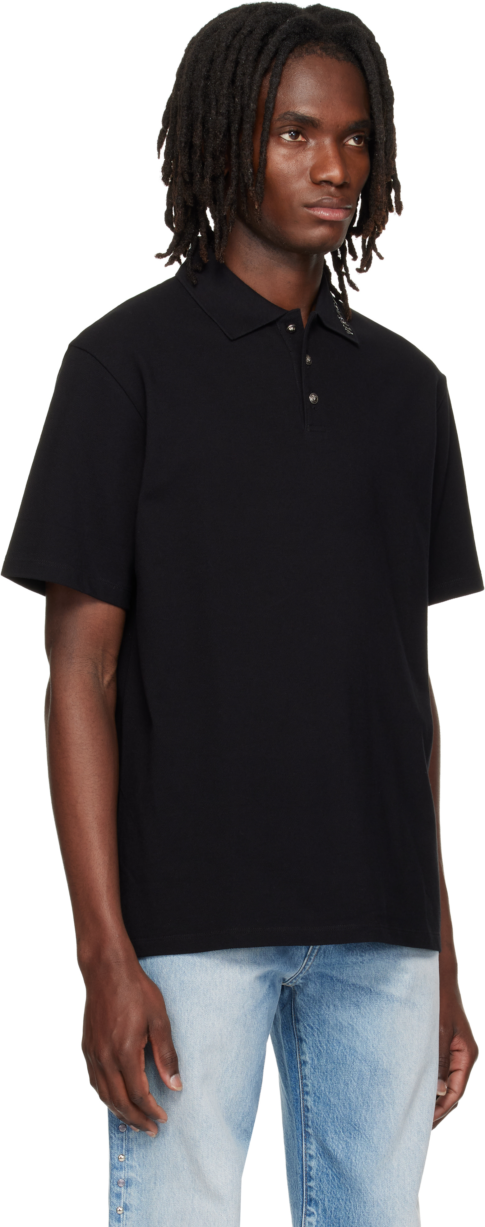 Versace: Black Piquet Crystal Embroidered Knitted Collar Polo | SSENSE
