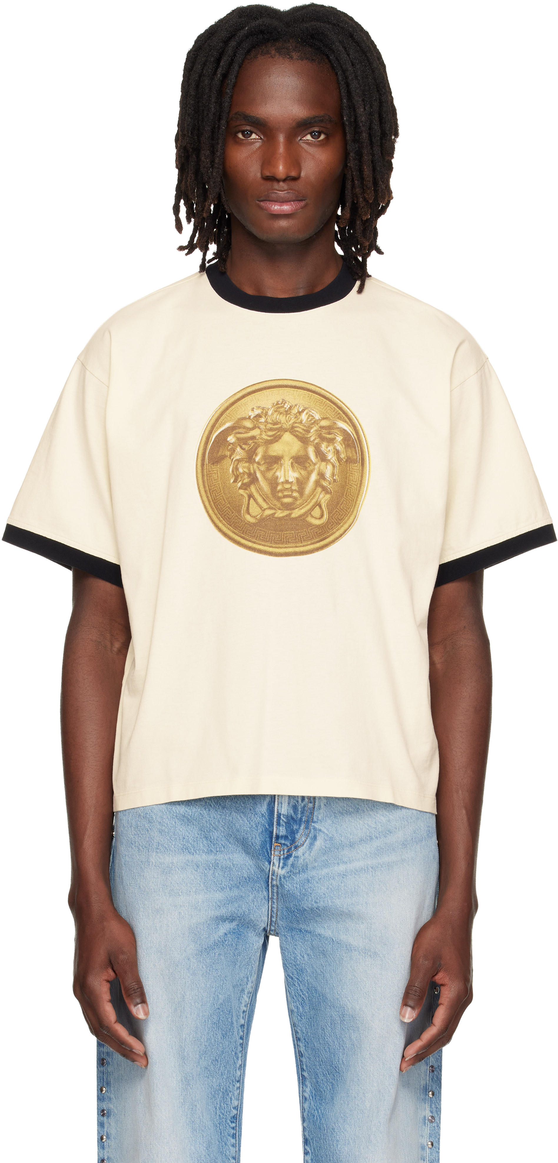 Versace - 화이트 프린트 코튼 저지 레귤러 티셔츠