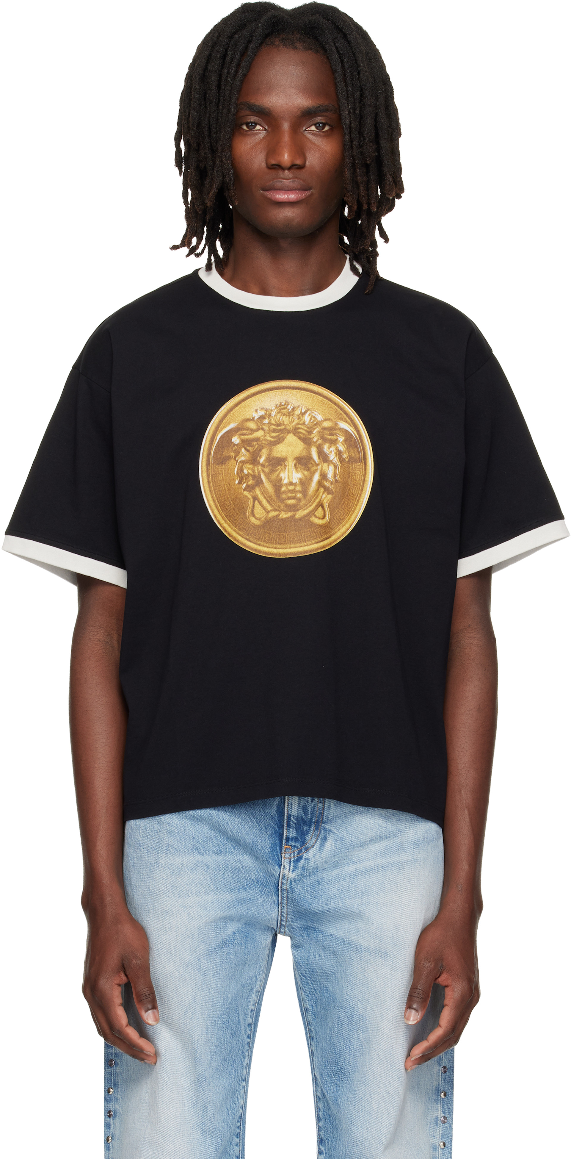 Versace - ブラック Regular プリント コットンジャージ Tシャツ