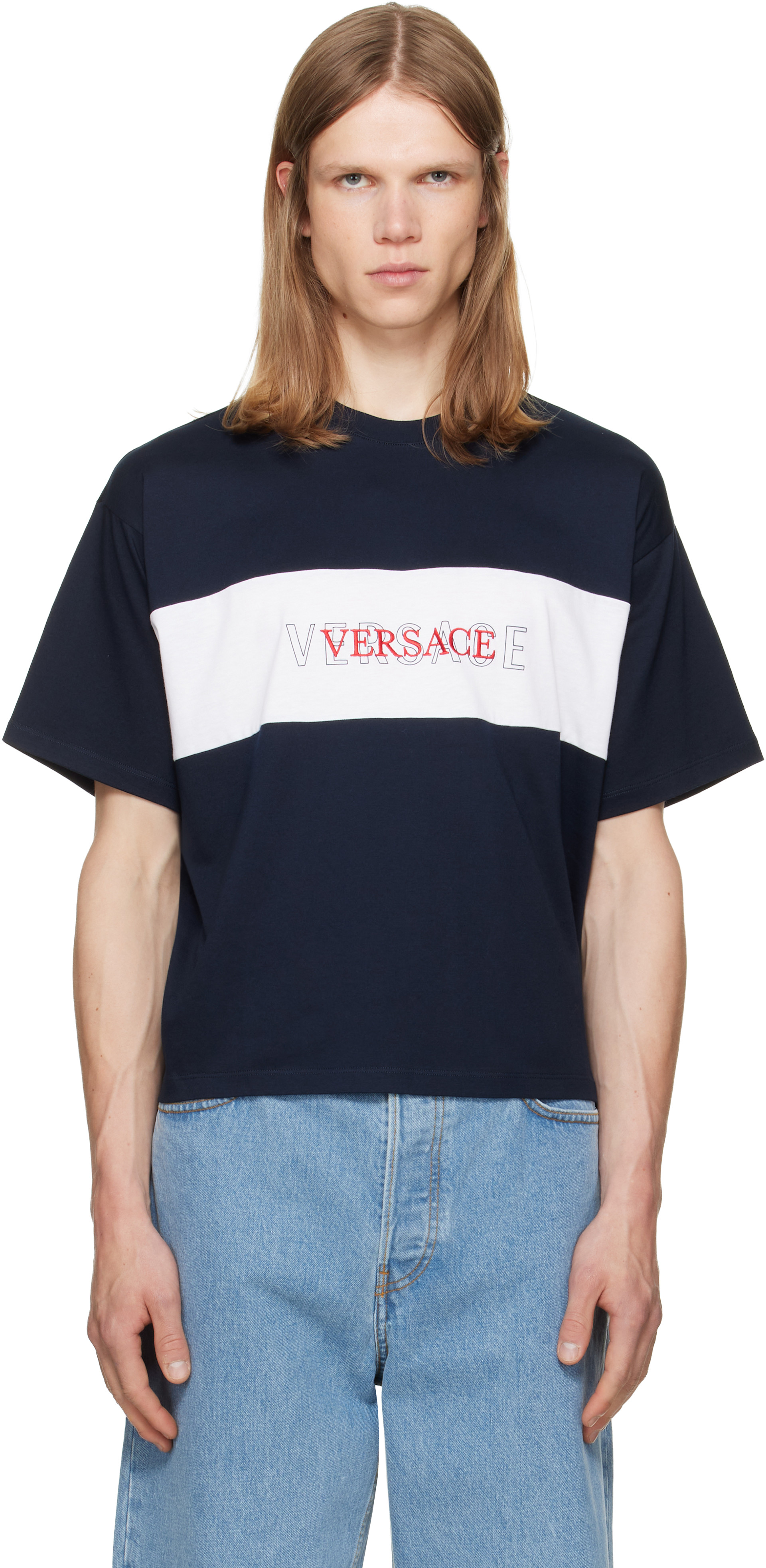 Versace: ネイビー インターシャ コットンジャージ Tシャツ | SSENSE 日本