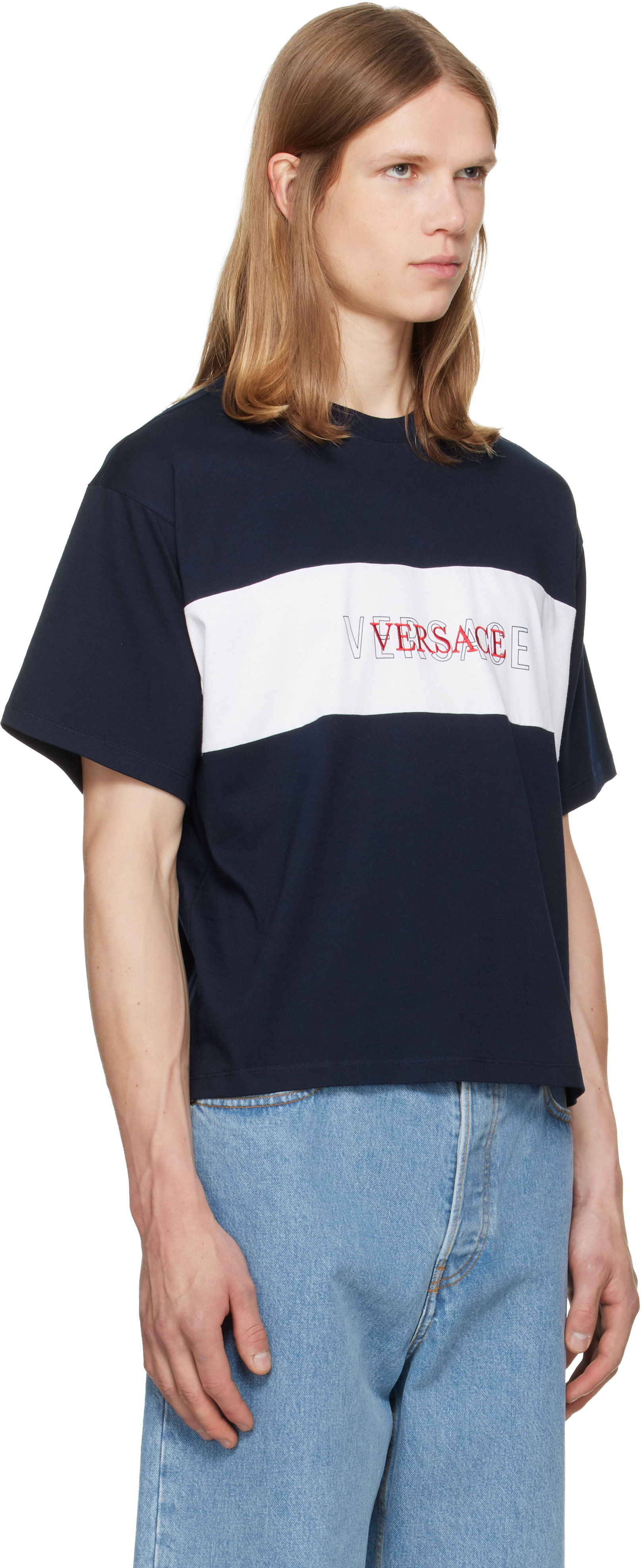 新品VERSACE ネイビー Tシャツ　タグ付き　Lサイズ Versace: ネイビー インターシャ コットンジャージ Tシャツ | SSENSE 日本