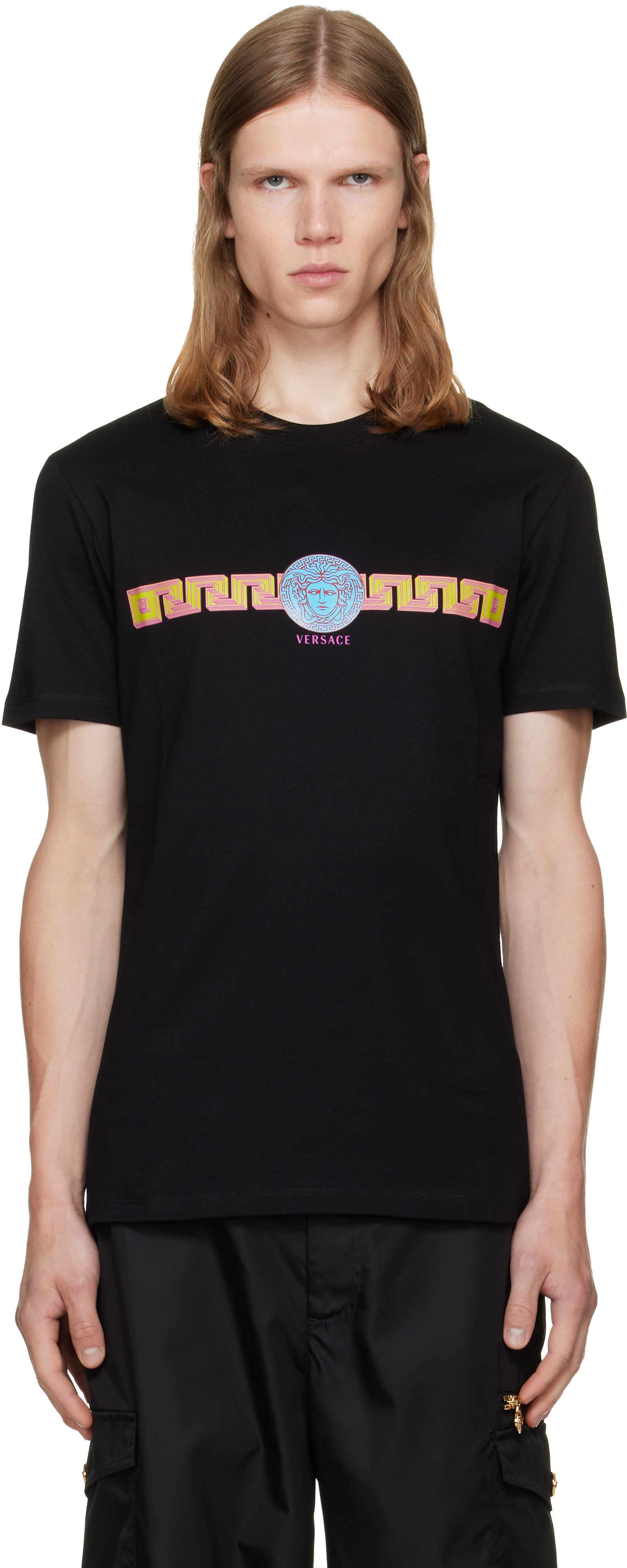 Versace: ブラック Printed コットンジャージ スリムフィットTシャツ