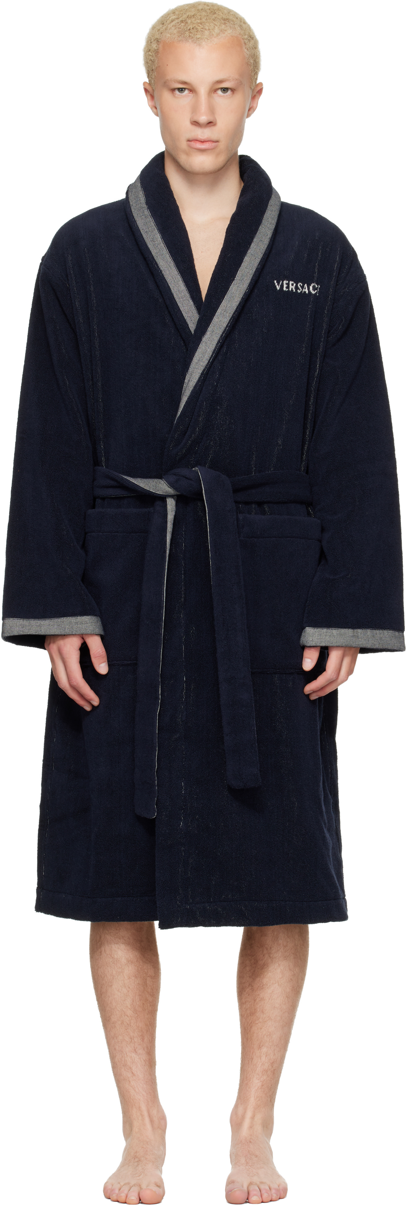Versace - Navy Cotton-Terry Jacquard Bathrobe
