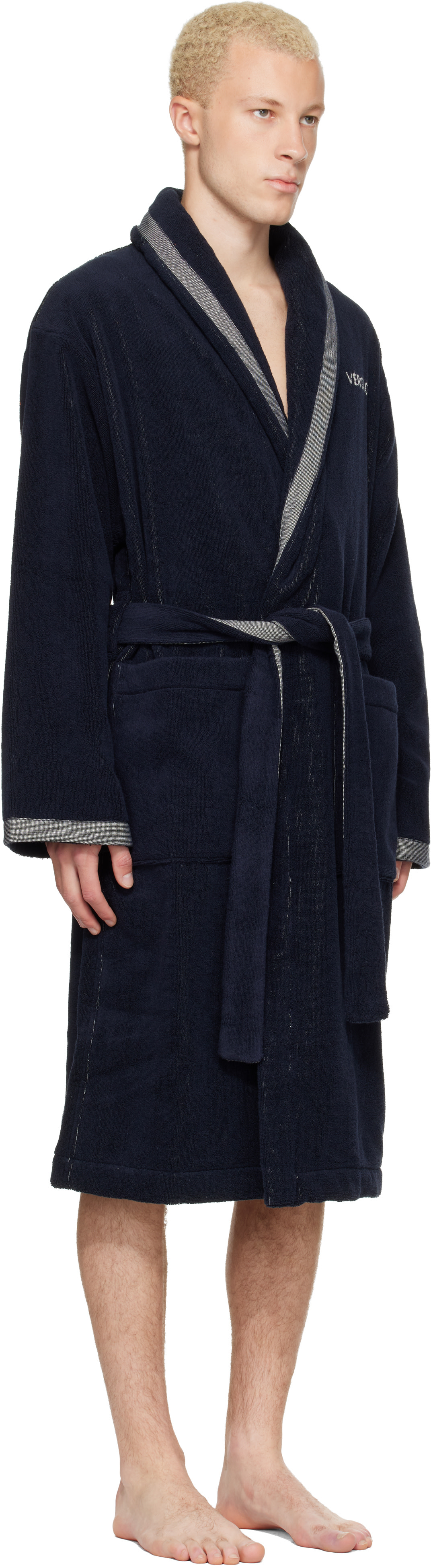 Versace - Navy Cotton-Terry Jacquard Bathrobe